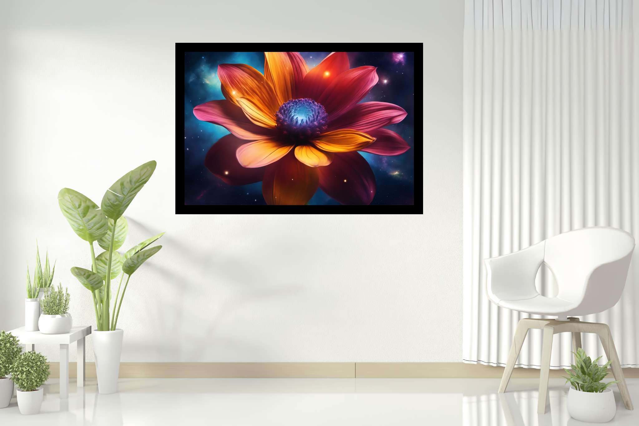 Galactic petals in bloom: Vibrant flower art with vibrant flower symbolism, in a room with modern style, canvas prints, and designer furniture. The art can be printed on poster, framed poster, canvas, metal, acrylic or wood, exclusively at WallArtZen. Find this exact print at https://wallartzen.com/waz266