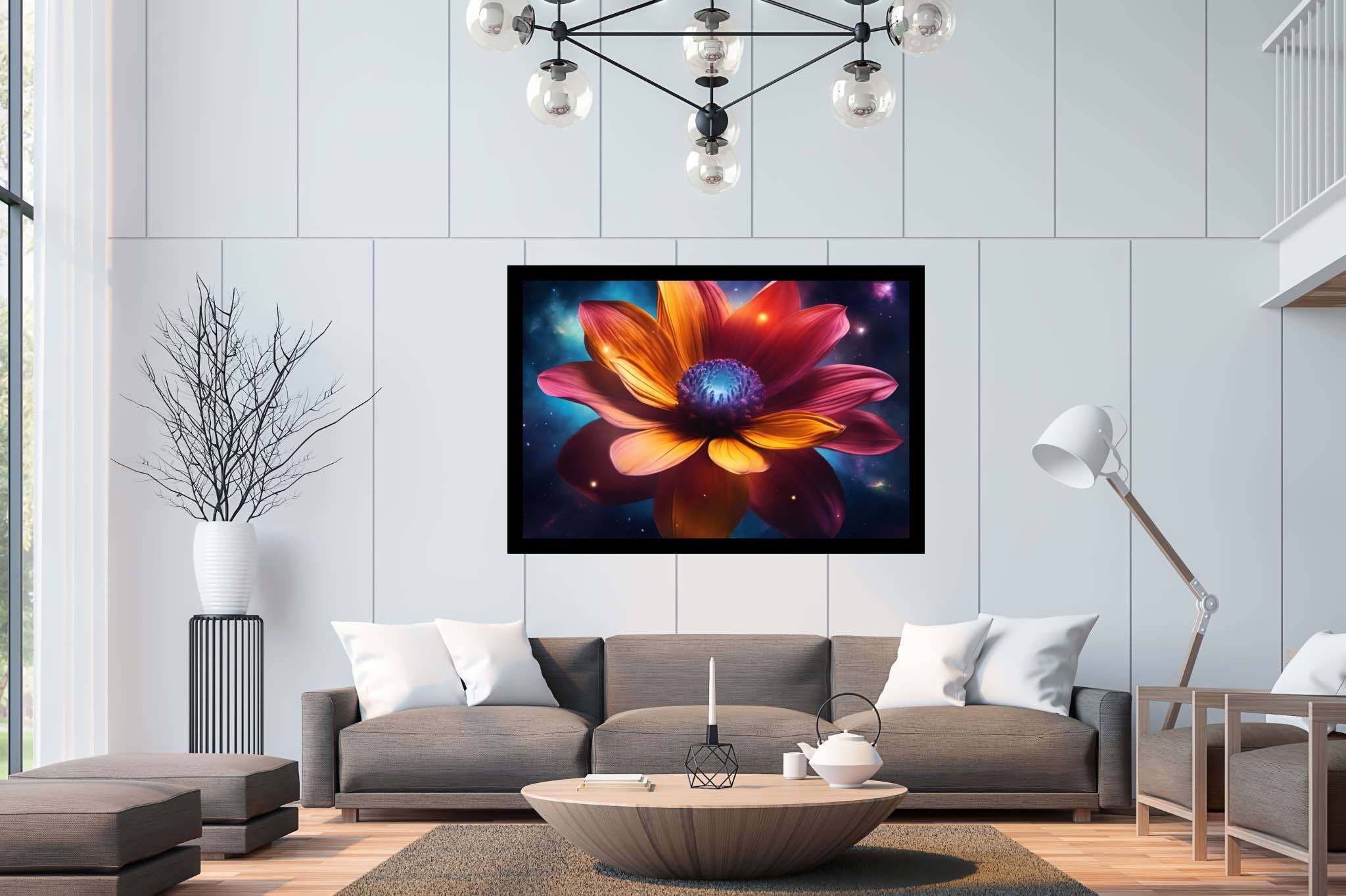 Galactic petals in bloom: Vibrant flower art with vibrant flower aesthetic, in a room with urban design, abstract paintings, and decorative pieces. The art can be printed on poster, framed poster, canvas, metal, acrylic or wood, exclusively at WallArtZen. Find this exact print at https://wallartzen.com/waz266