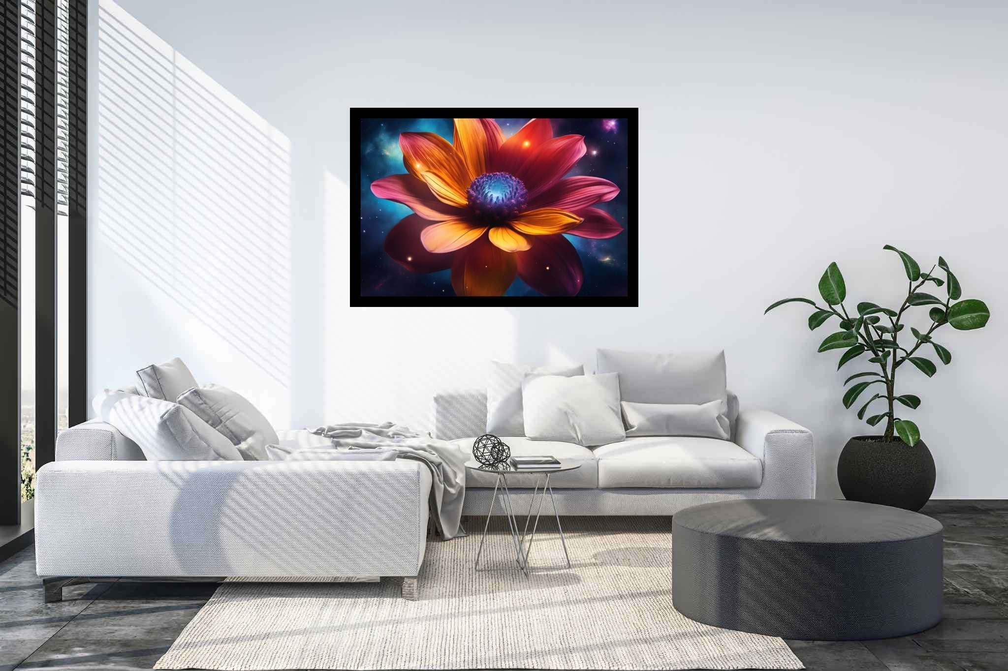 Galactic petals in bloom: Vibrant flower art with vibrant flower composition, in a room with contemporary flair, bespoke art designs, and trendy home accents. The art can be printed on poster, framed poster, canvas, metal, acrylic or wood, exclusively at WallArtZen. Find this exact print at https://wallartzen.com/waz266