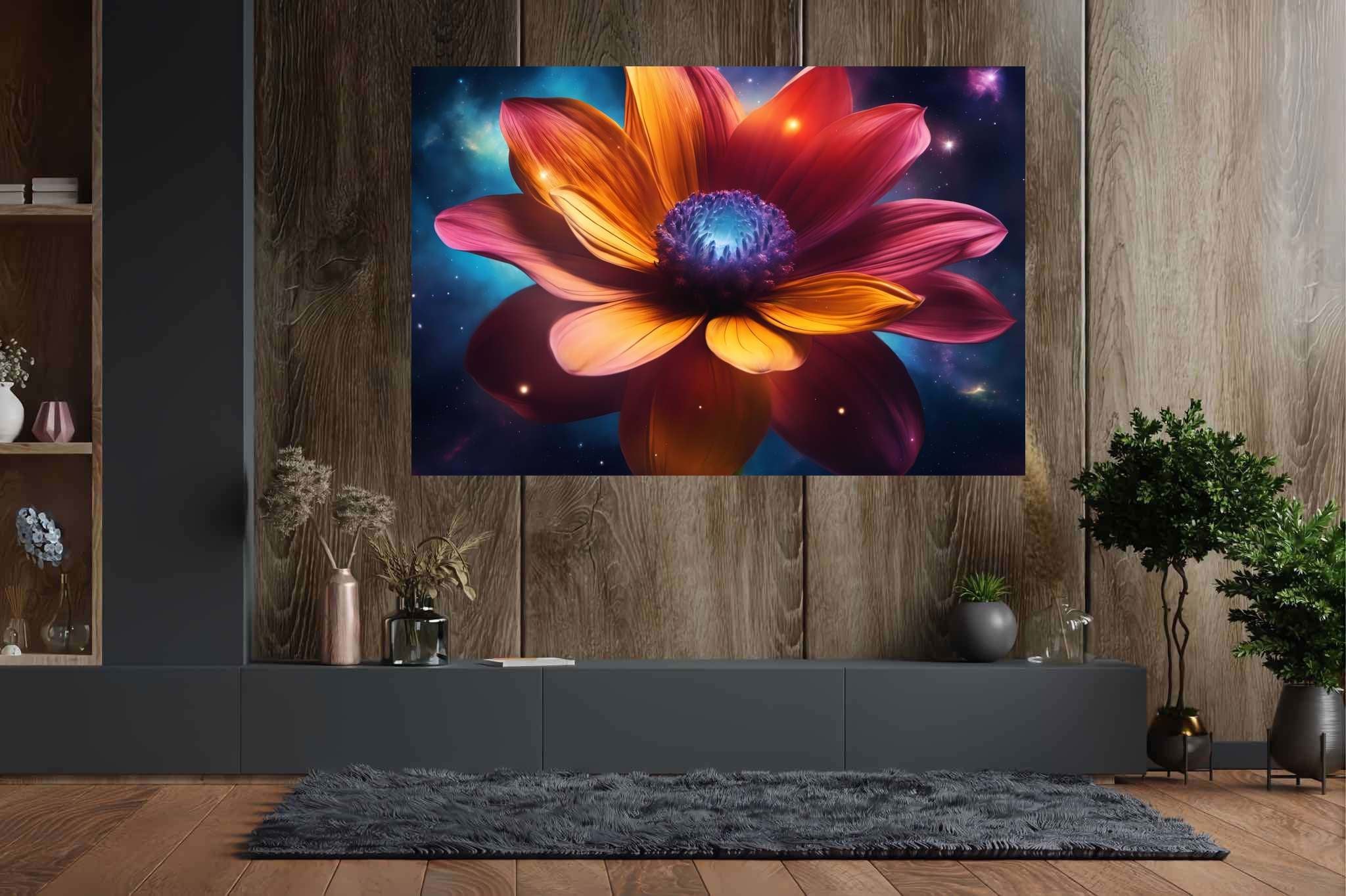 Galactic petals in bloom: Vibrant flower art with vibrant flower symbolism, in a room with artistic style, photographic wall art, and luxe decor. The art can be printed on poster, framed poster, canvas, metal, acrylic or wood, exclusively at WallArtZen. Find this exact print at https://wallartzen.com/waz266