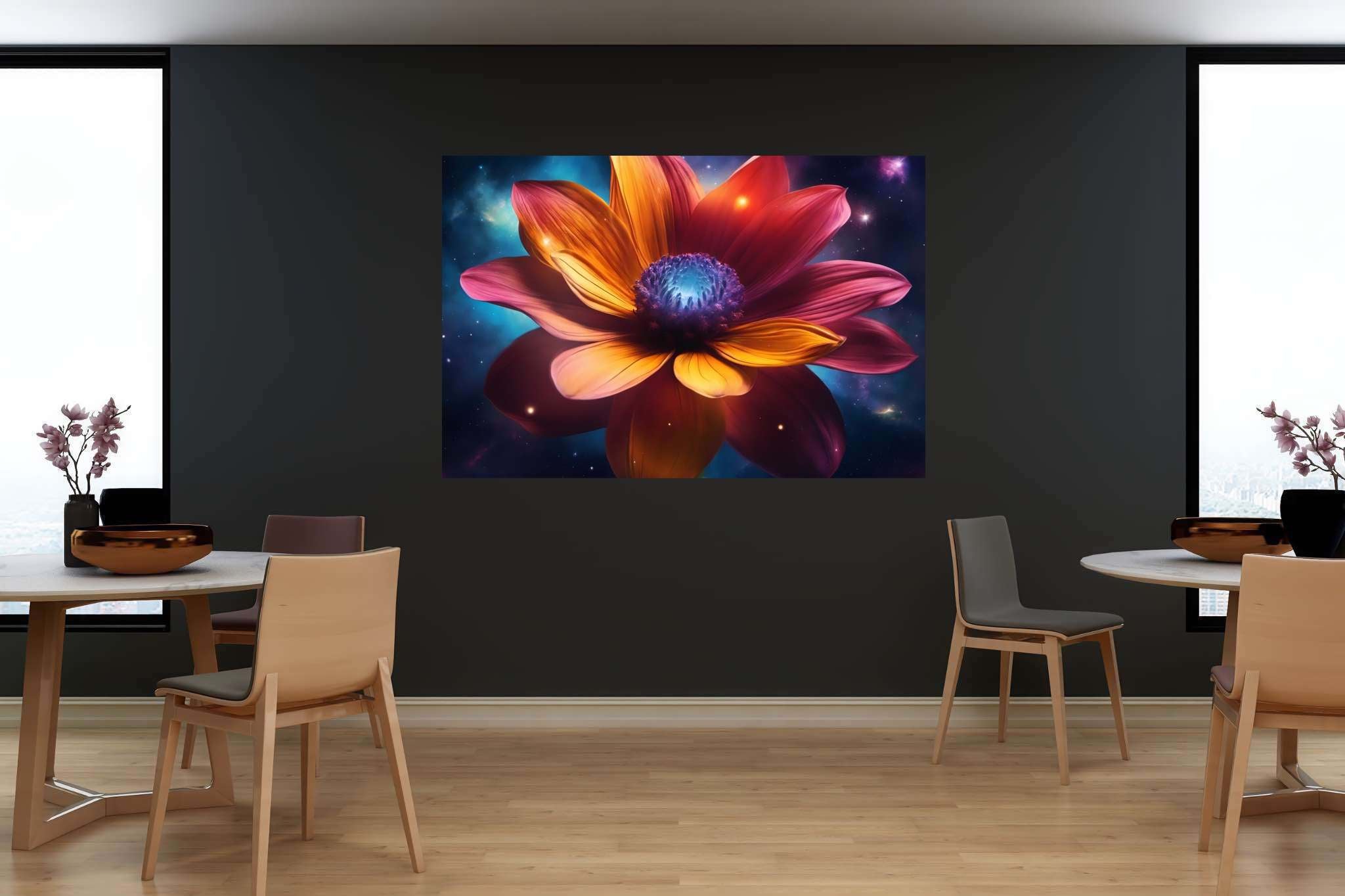 Galactic petals in bloom: Vibrant flower art with vibrant flower canvas, in a room with great design, abstract paintings, and luxe decor. The art can be printed on poster, framed poster, canvas, metal, acrylic or wood, exclusively at WallArtZen. Find this exact print at https://wallartzen.com/waz266