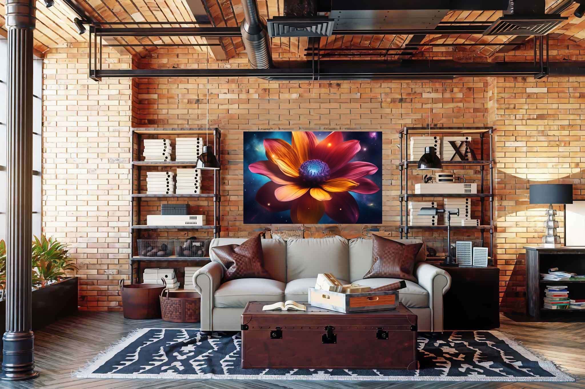 Galactic petals in bloom: Vibrant flower art with vibrant flower illustrations, in a room with minimalist approach, canvas prints, and elegant home goods. The art can be printed on poster, framed poster, canvas, metal, acrylic or wood, exclusively at WallArtZen. Find this exact print at https://wallartzen.com/waz266