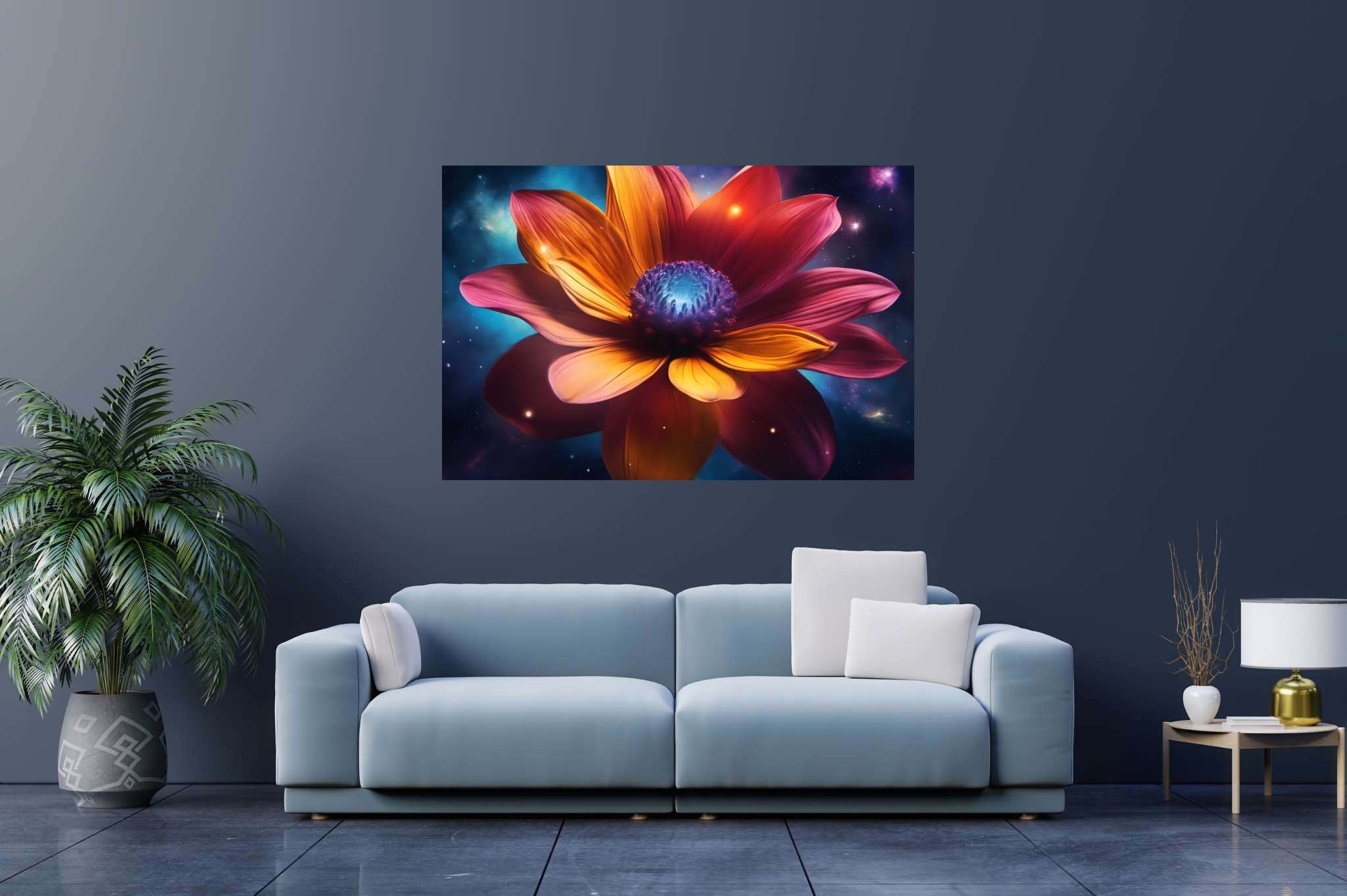 Galactic petals in bloom: Vibrant flower art with colorful floral paintings, in a room with innovative layout, canvas prints, and trendy home accents. The art can be printed on poster, framed poster, canvas, metal, acrylic or wood, exclusively at WallArtZen. Find this exact print at https://wallartzen.com/waz266