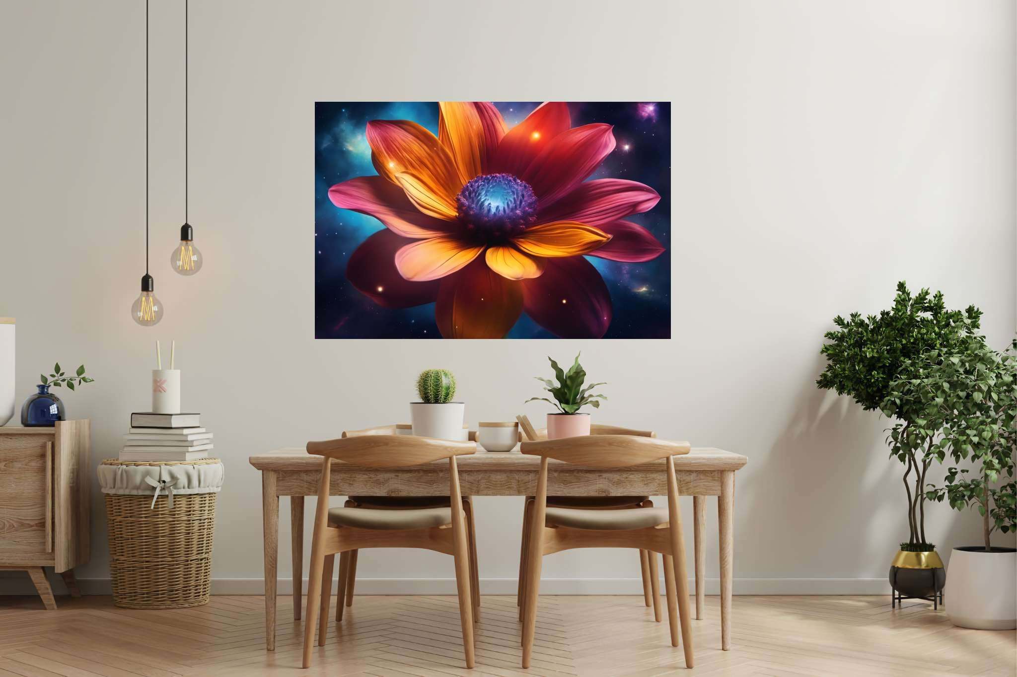 Galactic petals in bloom: Vibrant flower art with vibrant flower symbolism, in a room with classic elegance, wall hangings, and home styling items. The art can be printed on poster, framed poster, canvas, metal, acrylic or wood, exclusively at WallArtZen. Find this exact print at https://wallartzen.com/waz266
