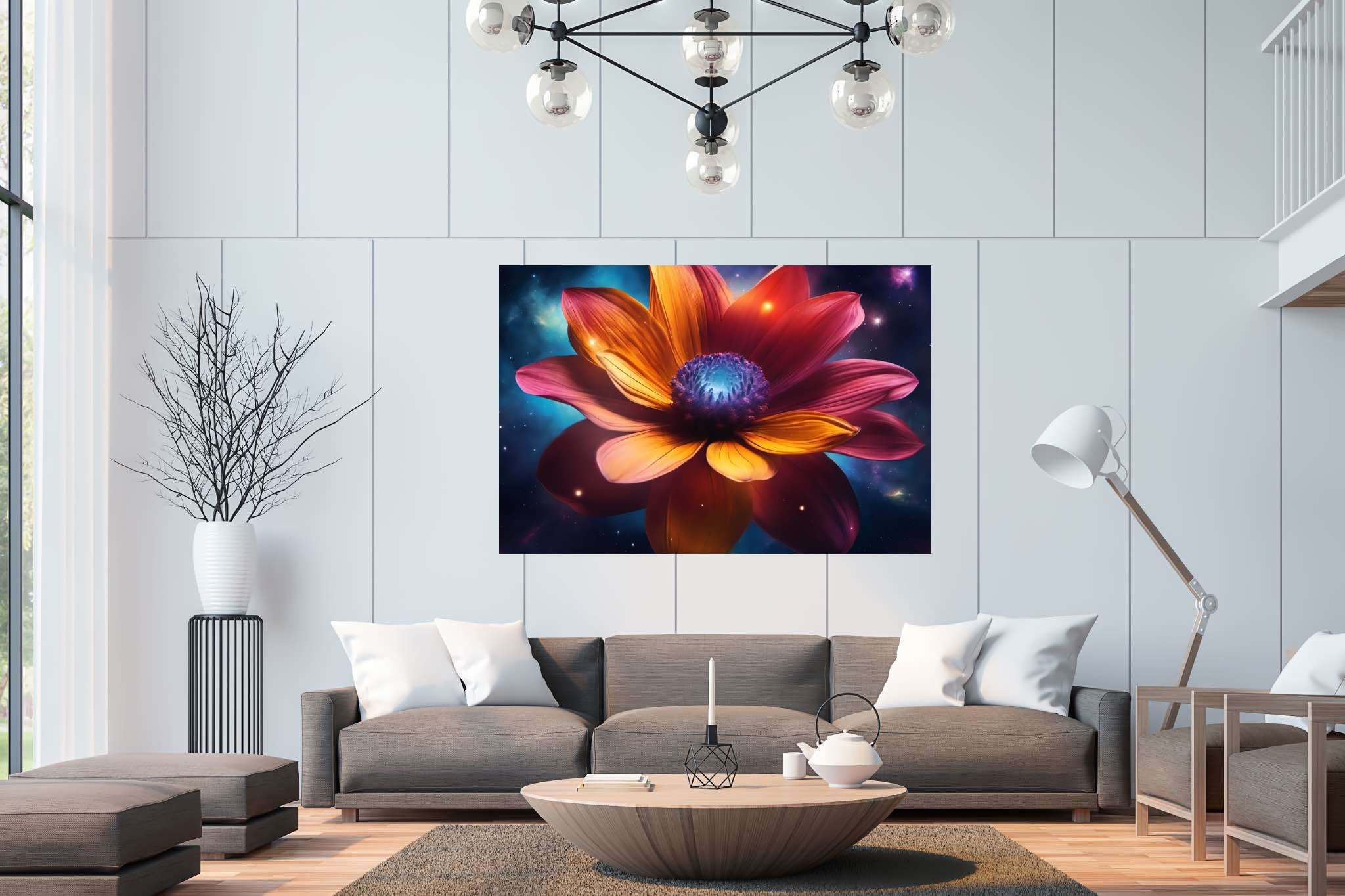 Galactic petals in bloom: Vibrant flower art with vibrant flower inspiration, in a room with innovative layout, fine art prints, and decorative pieces. The art can be printed on poster, framed poster, canvas, metal, acrylic or wood, exclusively at WallArtZen. Find this exact print at https://wallartzen.com/waz266