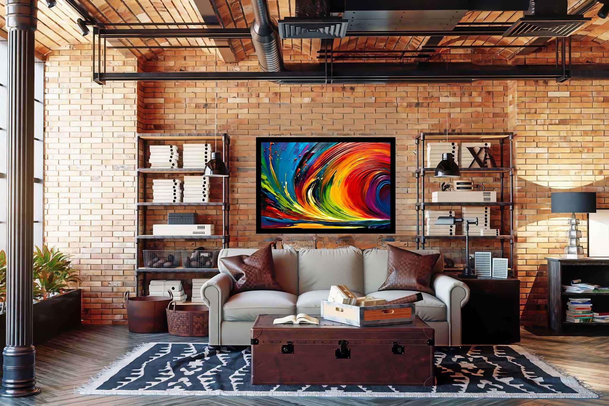 Spectrum strands carousel: Vibrant art with vibrant visual art, in a room with urban design, fine art prints, and home furnishings. The art can be printed on poster, framed poster, canvas, metal, acrylic or wood, exclusively at WallArtZen. Find this exact print at https://wallartzen.com/waz267