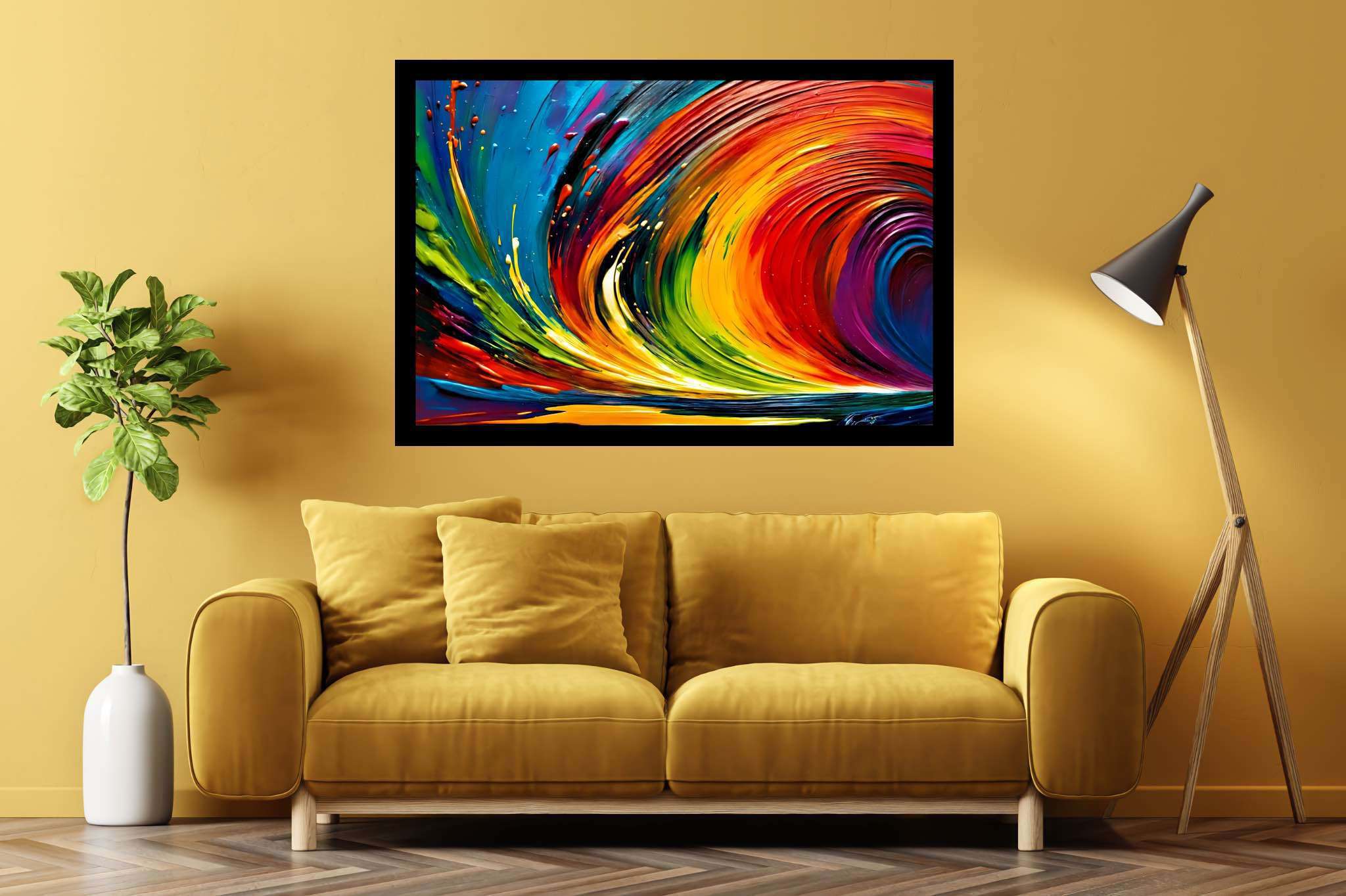 Spectrum strands carousel: Vibrant art with vibrant artistic style, in a room with innovative layout, mural artworks, and elegant home goods. The art can be printed on poster, framed poster, canvas, metal, acrylic or wood, exclusively at WallArtZen. Find this exact print at https://wallartzen.com/waz267