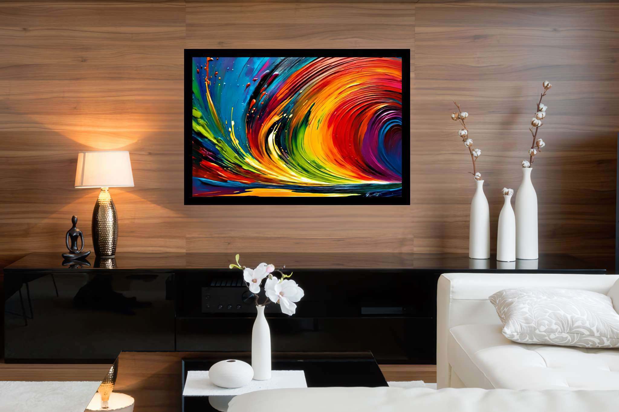 Spectrum strands carousel: Vibrant art with vivid artistic expressions, in a room with artistic style, photographic wall art, and elegant home goods. The art can be printed on poster, framed poster, canvas, metal, acrylic or wood, exclusively at WallArtZen. Find this exact print at https://wallartzen.com/waz267