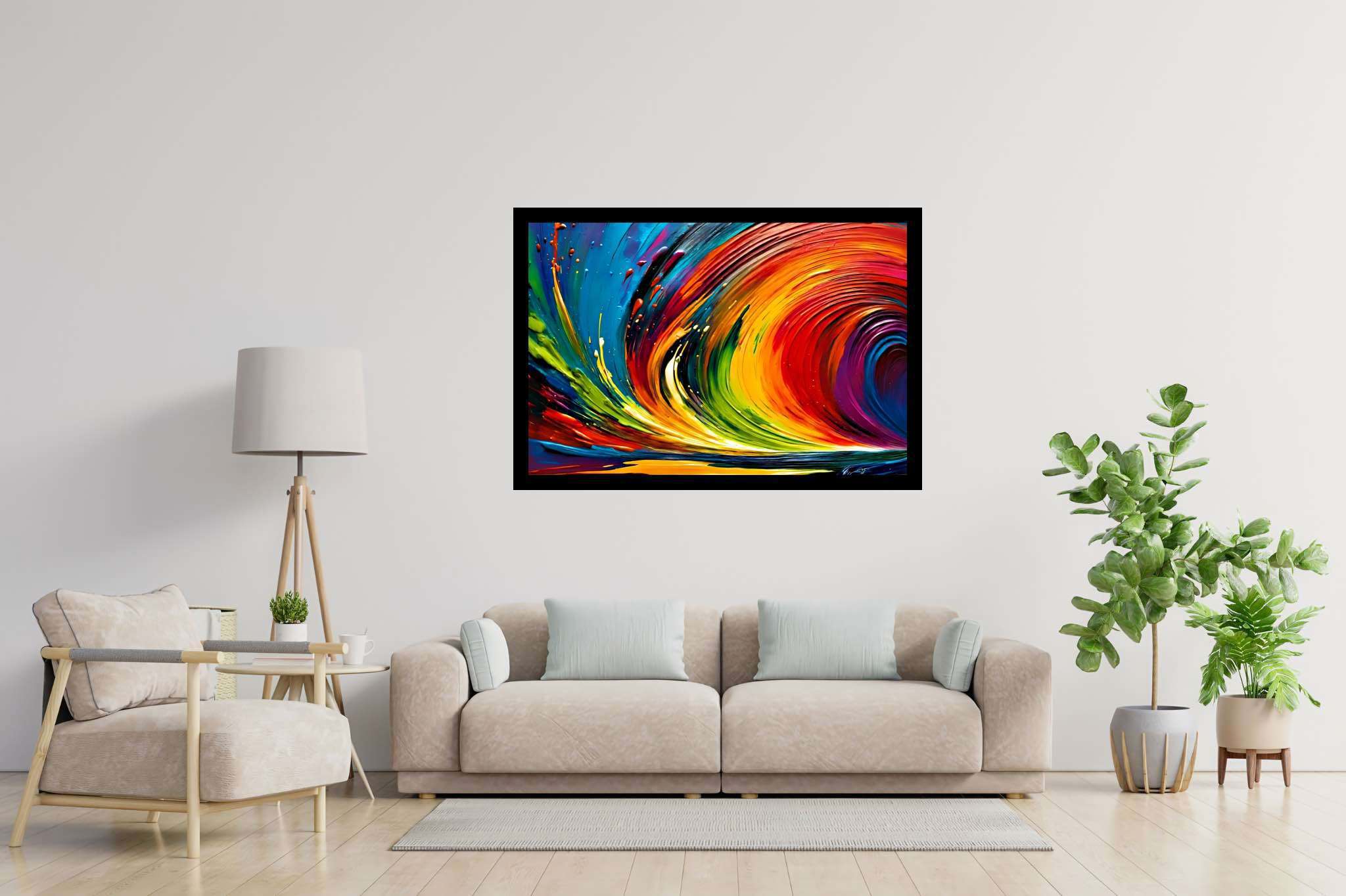 Spectrum strands carousel: Vibrant art with vibrant visual art, in a room with artistic style, wall hangings, and decorative pieces. The art can be printed on poster, framed poster, canvas, metal, acrylic or wood, exclusively at WallArtZen. Find this exact print at https://wallartzen.com/waz267
