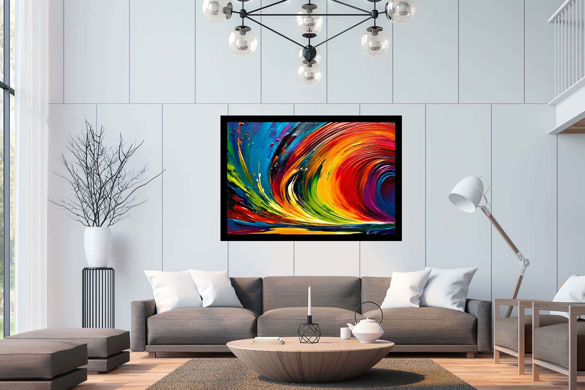 Spectrum strands carousel: Vibrant art with vibrant artistry, in a room with elegant layout, wall art, and artisan decor. The art can be printed on poster, framed poster, canvas, metal, acrylic or wood, exclusively at WallArtZen. Find this exact print at https://wallartzen.com/waz267