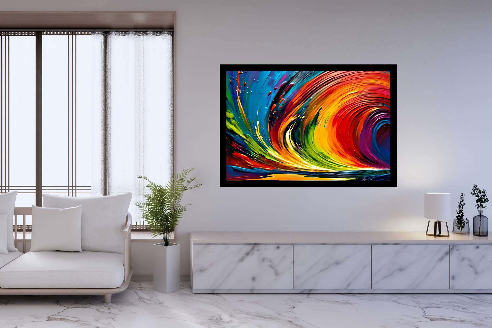 Spectrum strands carousel: Vibrant art with colorful artwork, in a room with contemporary flair, bespoke art designs, and trendy home accents. The art can be printed on poster, framed poster, canvas, metal, acrylic or wood, exclusively at WallArtZen. Find this exact print at https://wallartzen.com/waz267