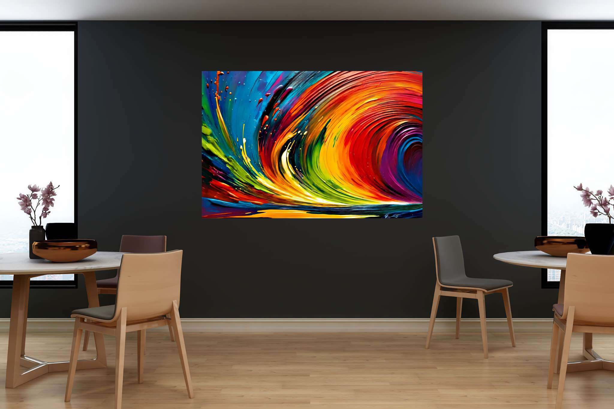 Spectrum strands carousel: Vibrant art with vibrant palette, in a room with contemporary flair, digital art pieces, and designer furniture. The art can be printed on poster, framed poster, canvas, metal, acrylic or wood, exclusively at WallArtZen. Find this exact print at https://wallartzen.com/waz267