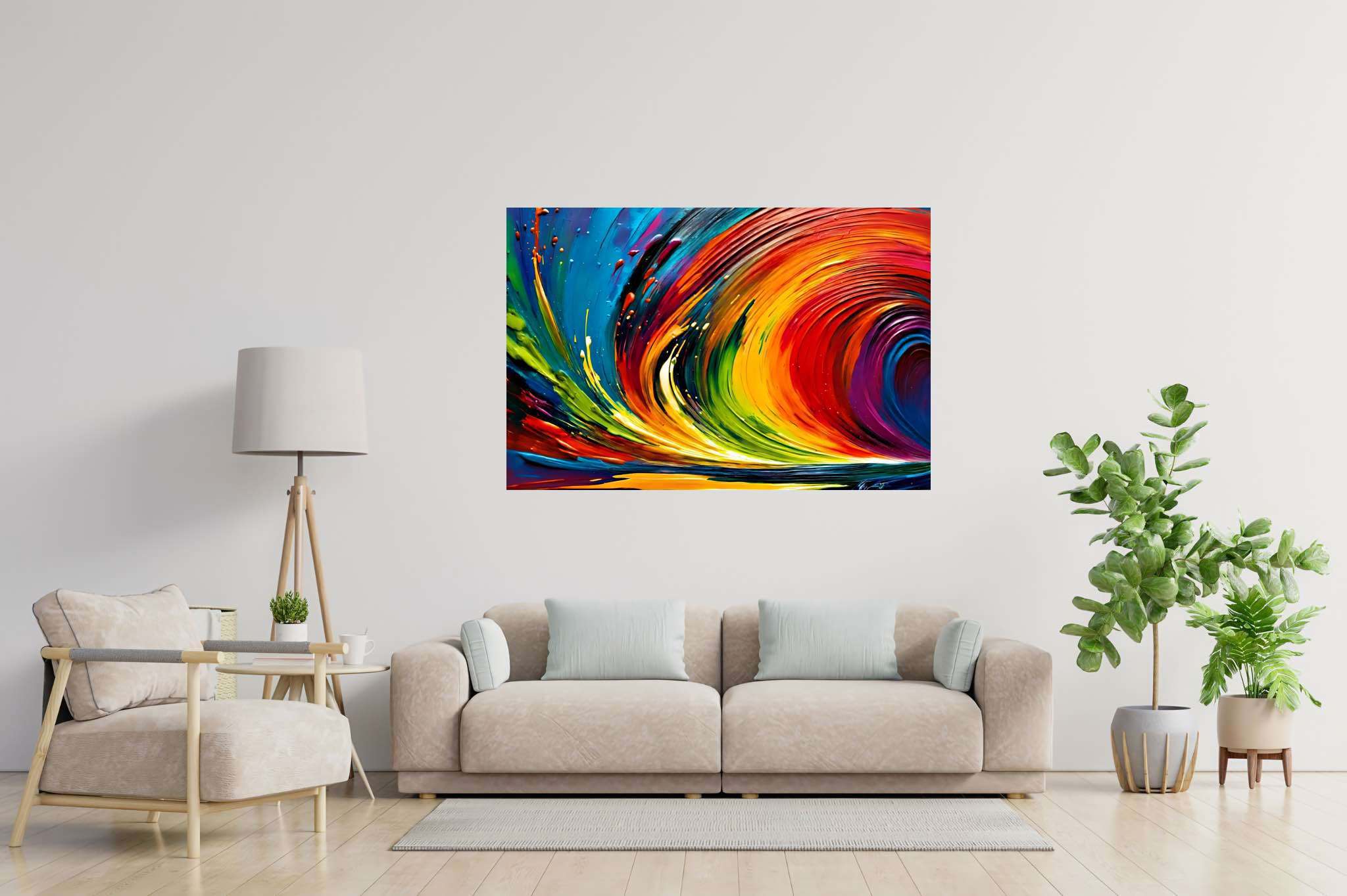 Spectrum strands carousel: Vibrant art with vibrant artistic style, in a room with contemporary flair, wall art, and elegant home goods. The art can be printed on poster, framed poster, canvas, metal, acrylic or wood, exclusively at WallArtZen. Find this exact print at https://wallartzen.com/waz267