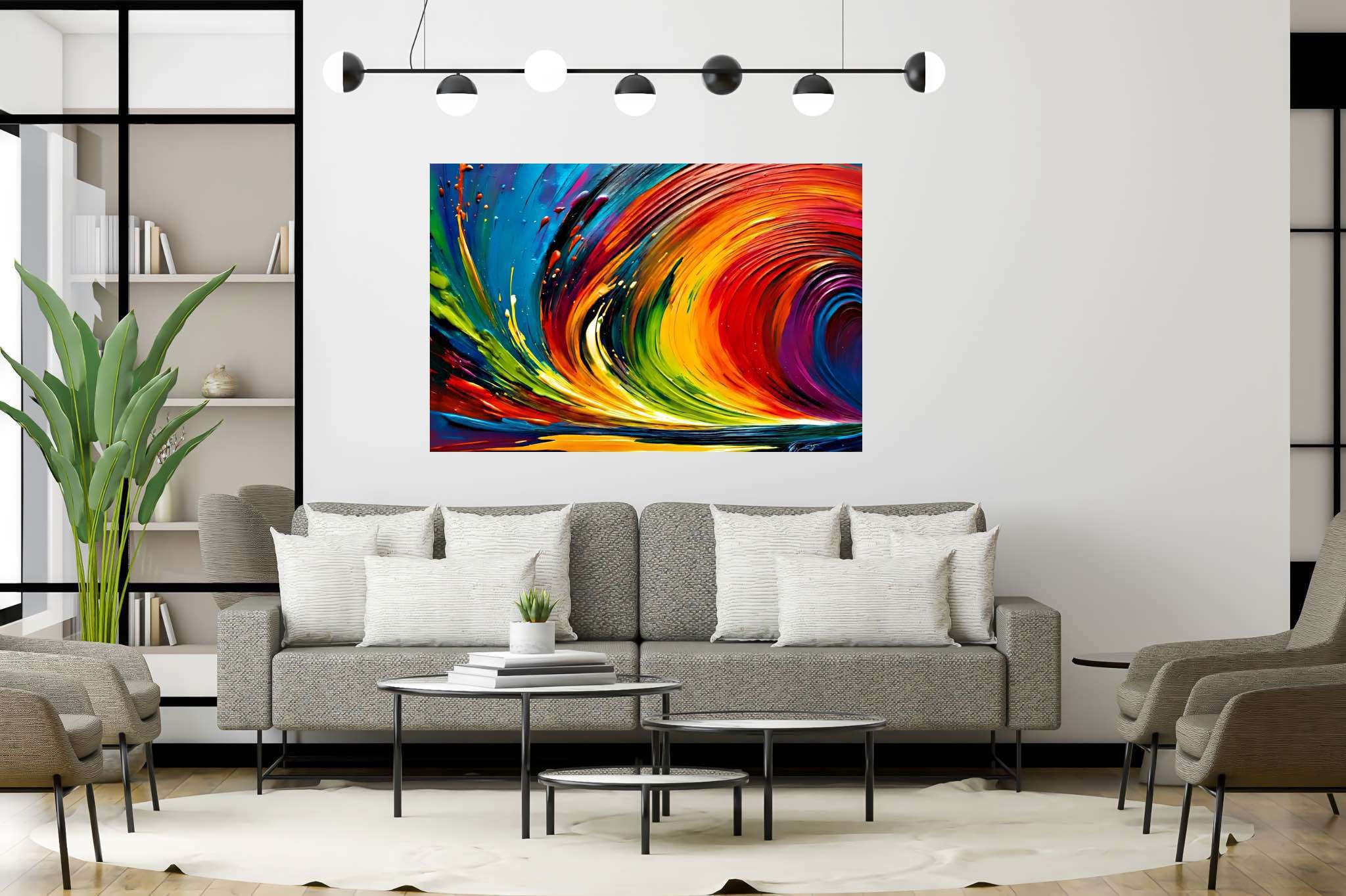Spectrum strands carousel: Vibrant art with vibrant art forms, in a room with modern style, mural artworks, and home styling items. The art can be printed on poster, framed poster, canvas, metal, acrylic or wood, exclusively at WallArtZen. Find this exact print at https://wallartzen.com/waz267