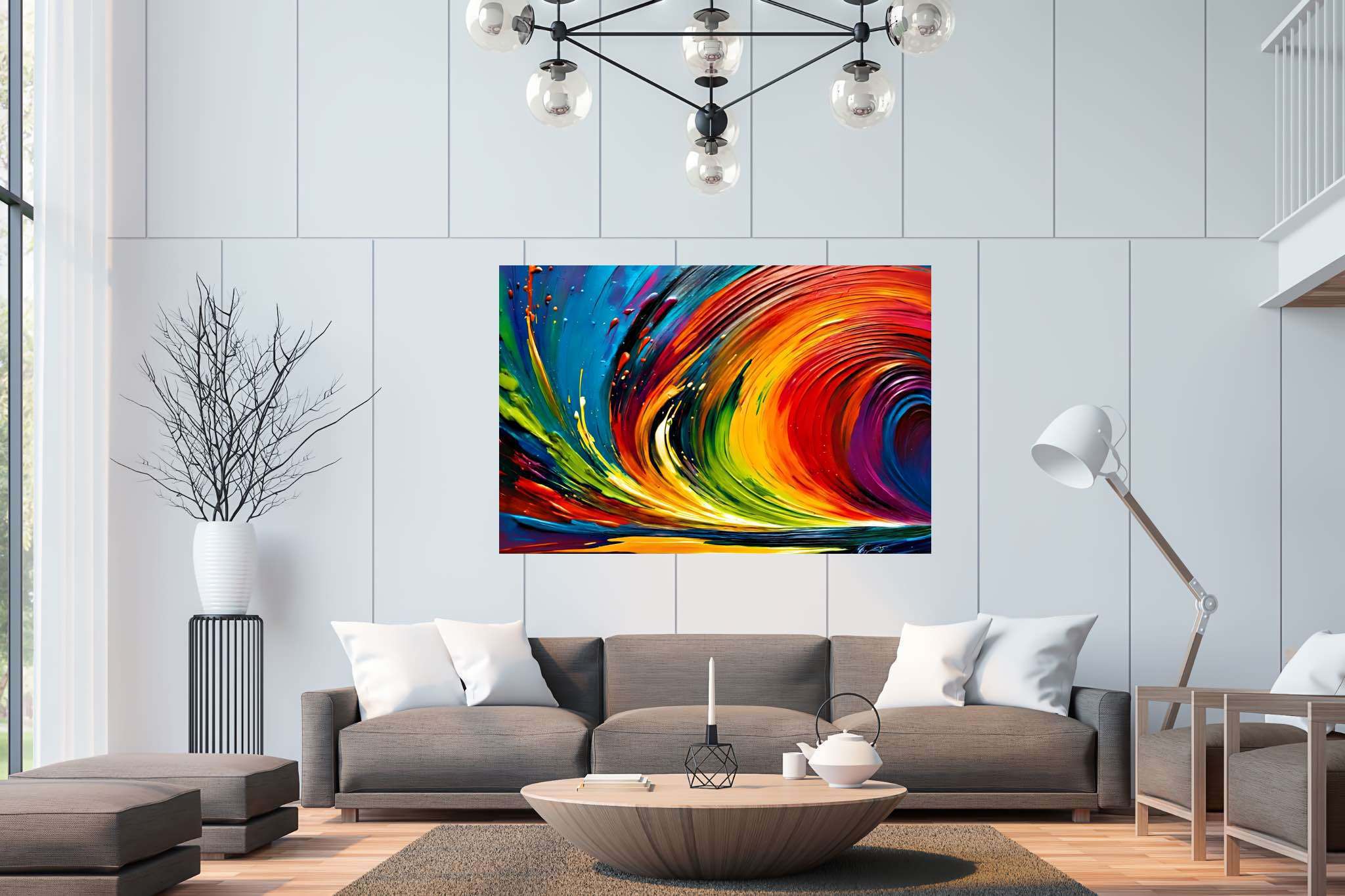 Spectrum strands carousel: Vibrant art with vibrant art forms, in a room with elegant layout, abstract paintings, and artisan decor. The art can be printed on poster, framed poster, canvas, metal, acrylic or wood, exclusively at WallArtZen. Find this exact print at https://wallartzen.com/waz267