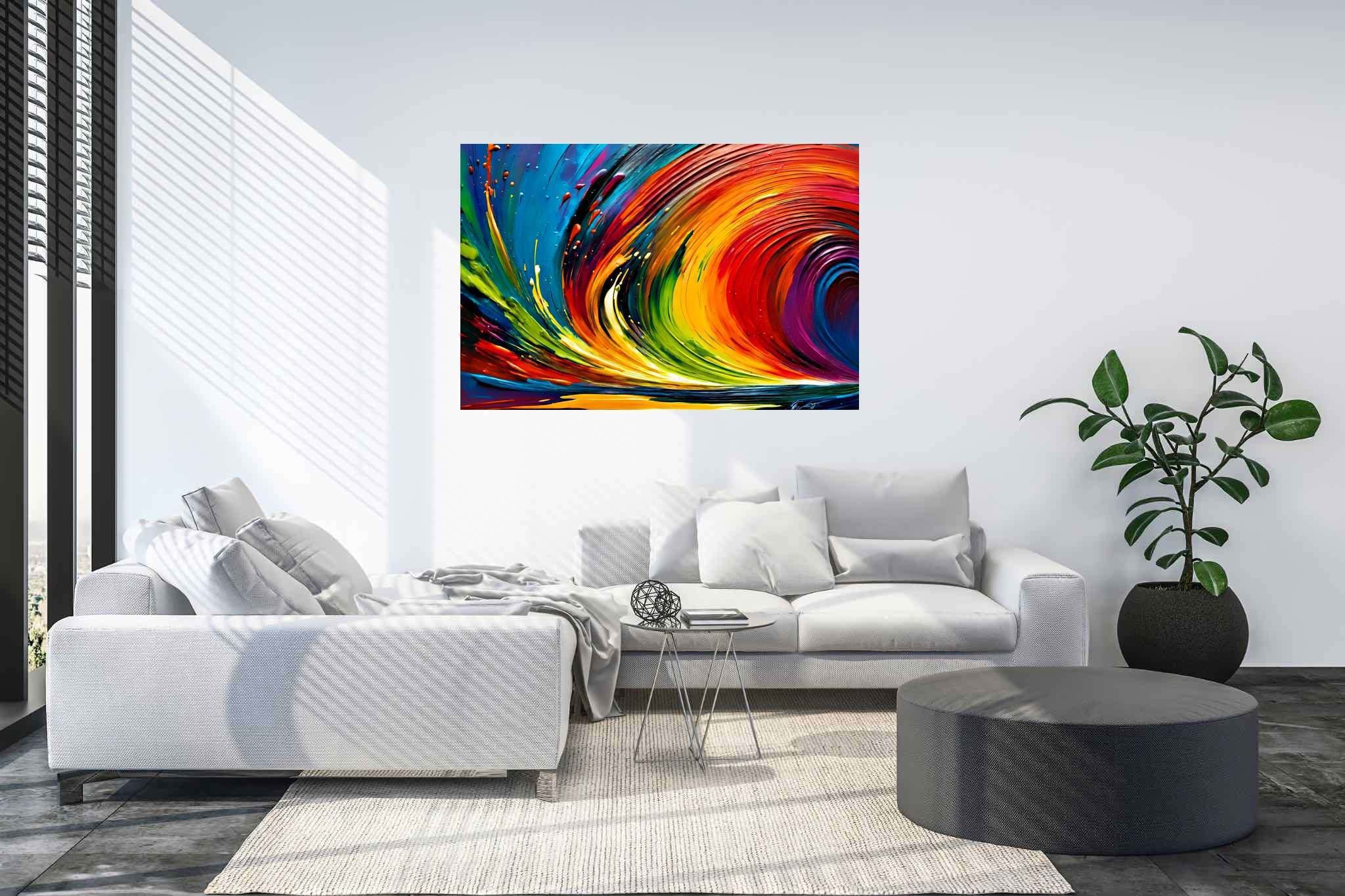 Spectrum strands carousel: Vibrant art with vibrant mixed media, in a room with urban design, bespoke art designs, and designer furniture. The art can be printed on poster, framed poster, canvas, metal, acrylic or wood, exclusively at WallArtZen. Find this exact print at https://wallartzen.com/waz267