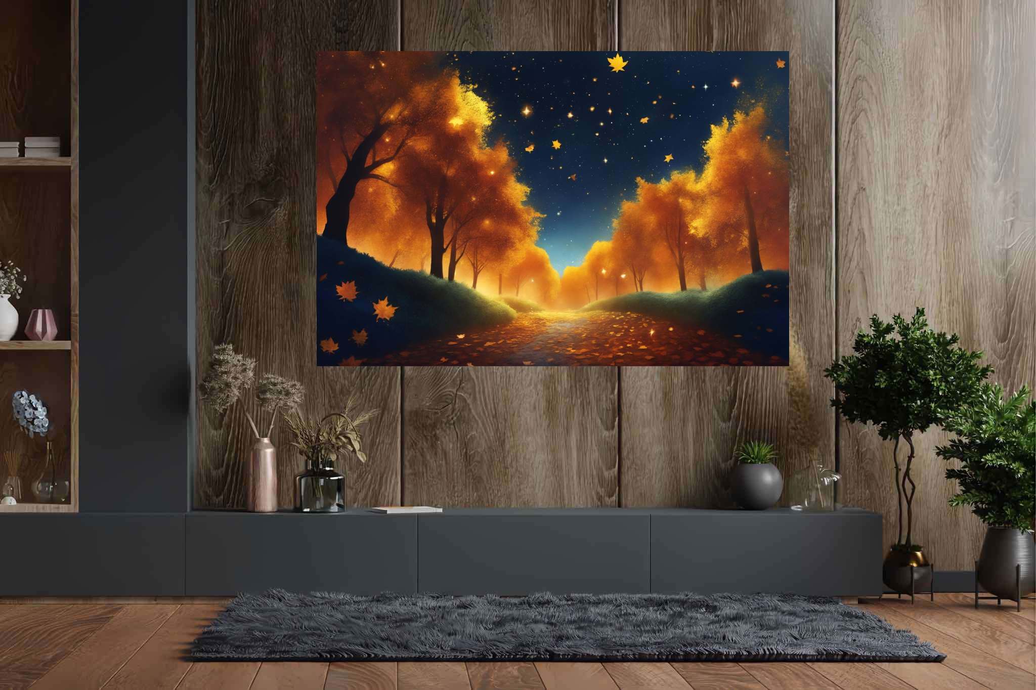 Autumnal serenity pathway: Forest art with forest landscape, in a room with great design, framed art, and interior decorations. The art can be printed on poster, framed poster, canvas, metal, acrylic or wood, exclusively at WallArtZen. Find this exact print at https://wallartzen.com/waz268
