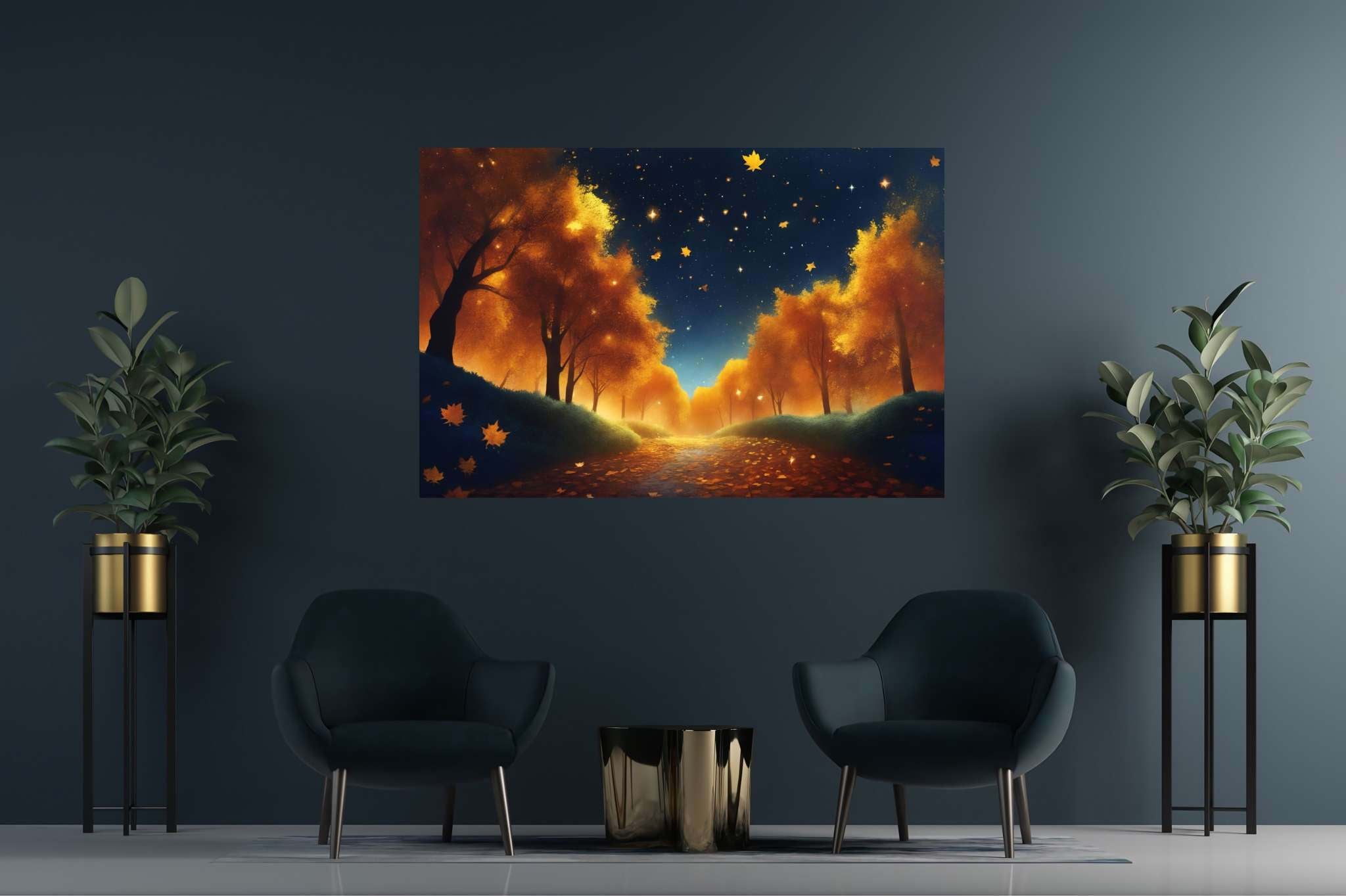 Autumnal serenity pathway: Forest art with organic creations, in a room with contemporary flair, photographic wall art, and elegant home goods. The art can be printed on poster, framed poster, canvas, metal, acrylic or wood, exclusively at WallArtZen. Find this exact print at https://wallartzen.com/waz268