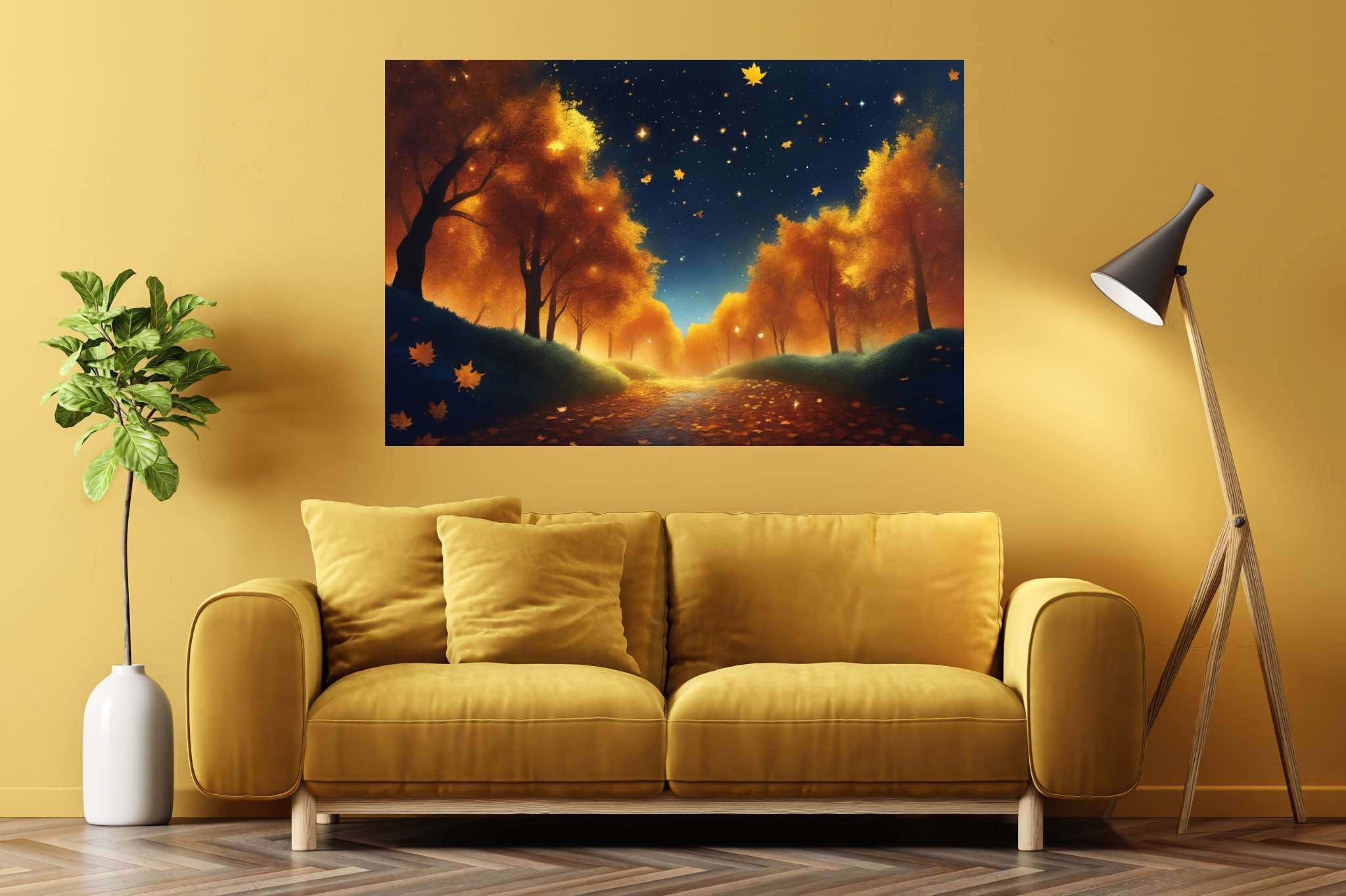 Autumnal serenity pathway: Forest art with scenic art, in a room with classic elegance, fine art prints, and interior decorations. The art can be printed on poster, framed poster, canvas, metal, acrylic or wood, exclusively at WallArtZen. Find this exact print at https://wallartzen.com/waz268