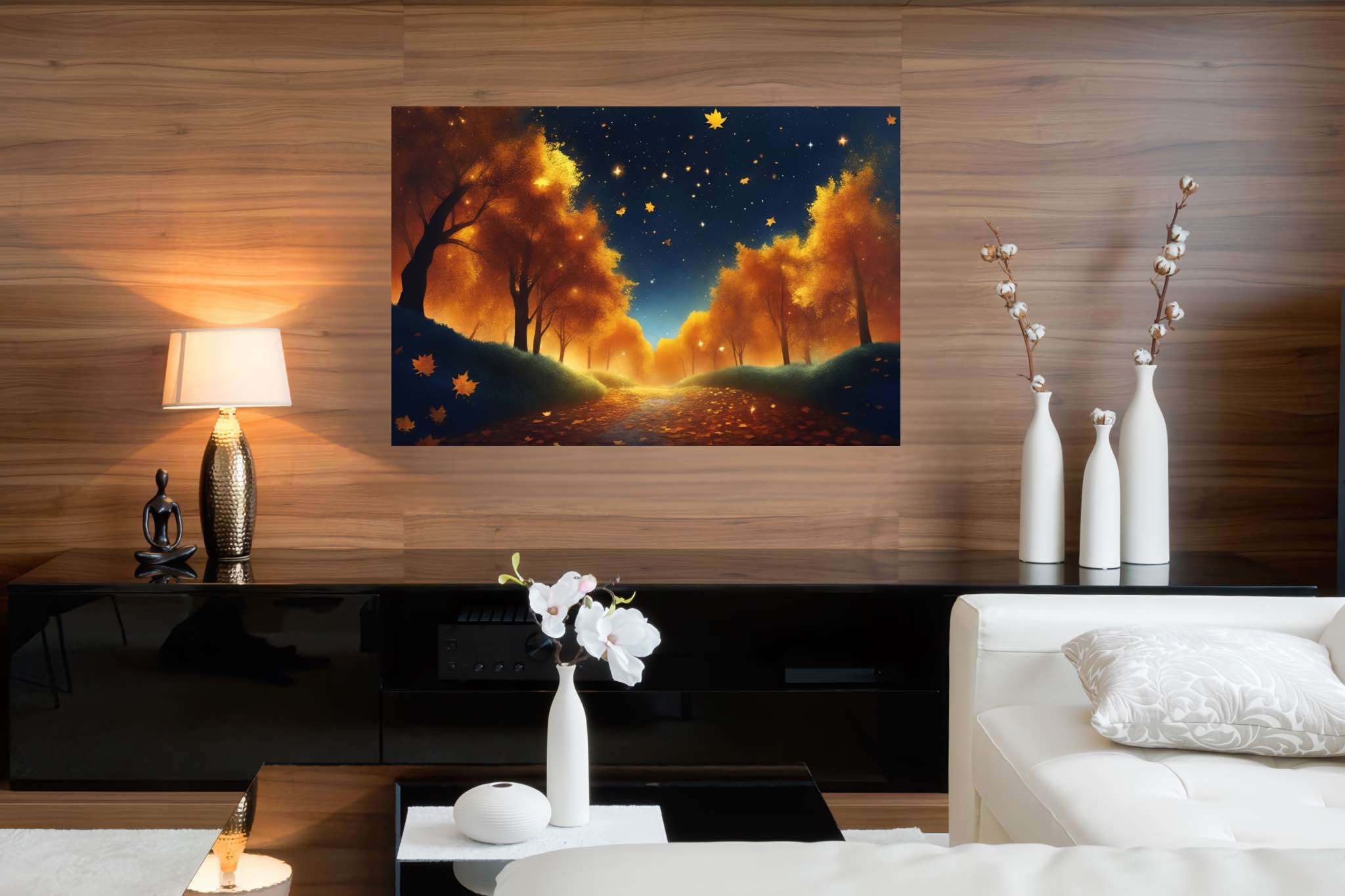 Autumnal serenity pathway: Forest art with enchanted forests, in a room with innovative layout, canvas prints, and trendy home accents. The art can be printed on poster, framed poster, canvas, metal, acrylic or wood, exclusively at WallArtZen. Find this exact print at https://wallartzen.com/waz268
