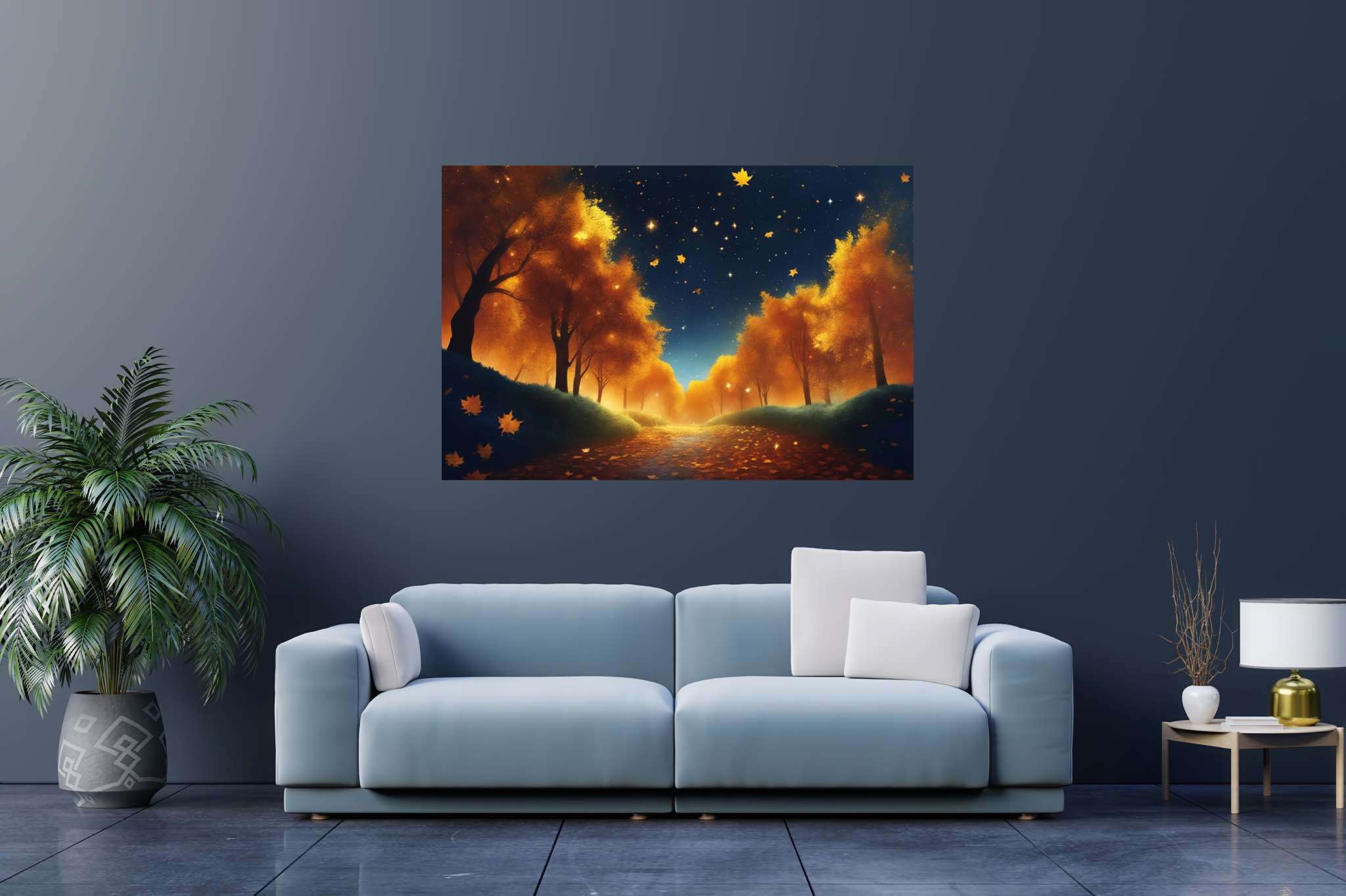 Autumnal serenity pathway: Forest art with nature-inspired art, in a room with artistic style, wall art, and trendy home accents. The art can be printed on poster, framed poster, canvas, metal, acrylic or wood, exclusively at WallArtZen. Find this exact print at https://wallartzen.com/waz268