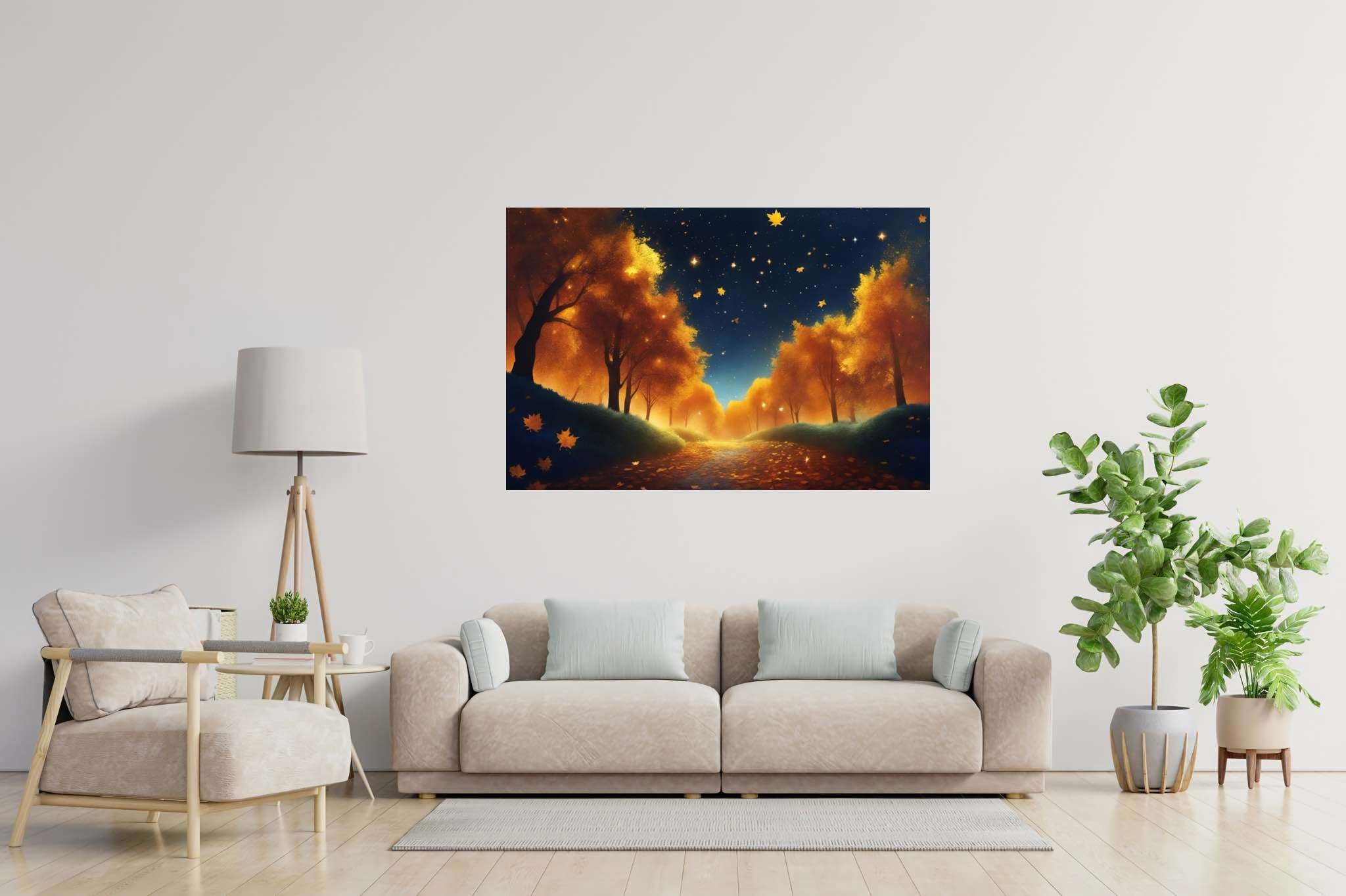 Autumnal serenity pathway: Forest art with forest landscape, in a room with classic elegance, photographic wall art, and trendy home accents. The art can be printed on poster, framed poster, canvas, metal, acrylic or wood, exclusively at WallArtZen. Find this exact print at https://wallartzen.com/waz268