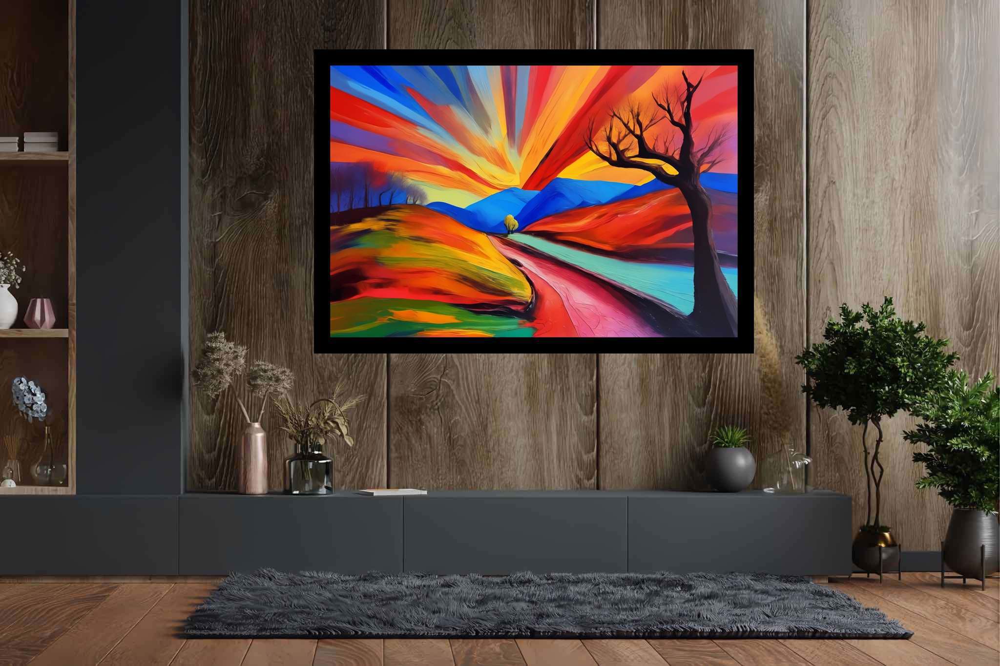 Twilight's embrace: Serene landscape art with serene landscape posters, in a room with modern style, bespoke art designs, and designer furniture. The art can be printed on poster, framed poster, canvas, metal, acrylic or wood, exclusively at WallArtZen. Find this exact print at https://wallartzen.com/waz269
