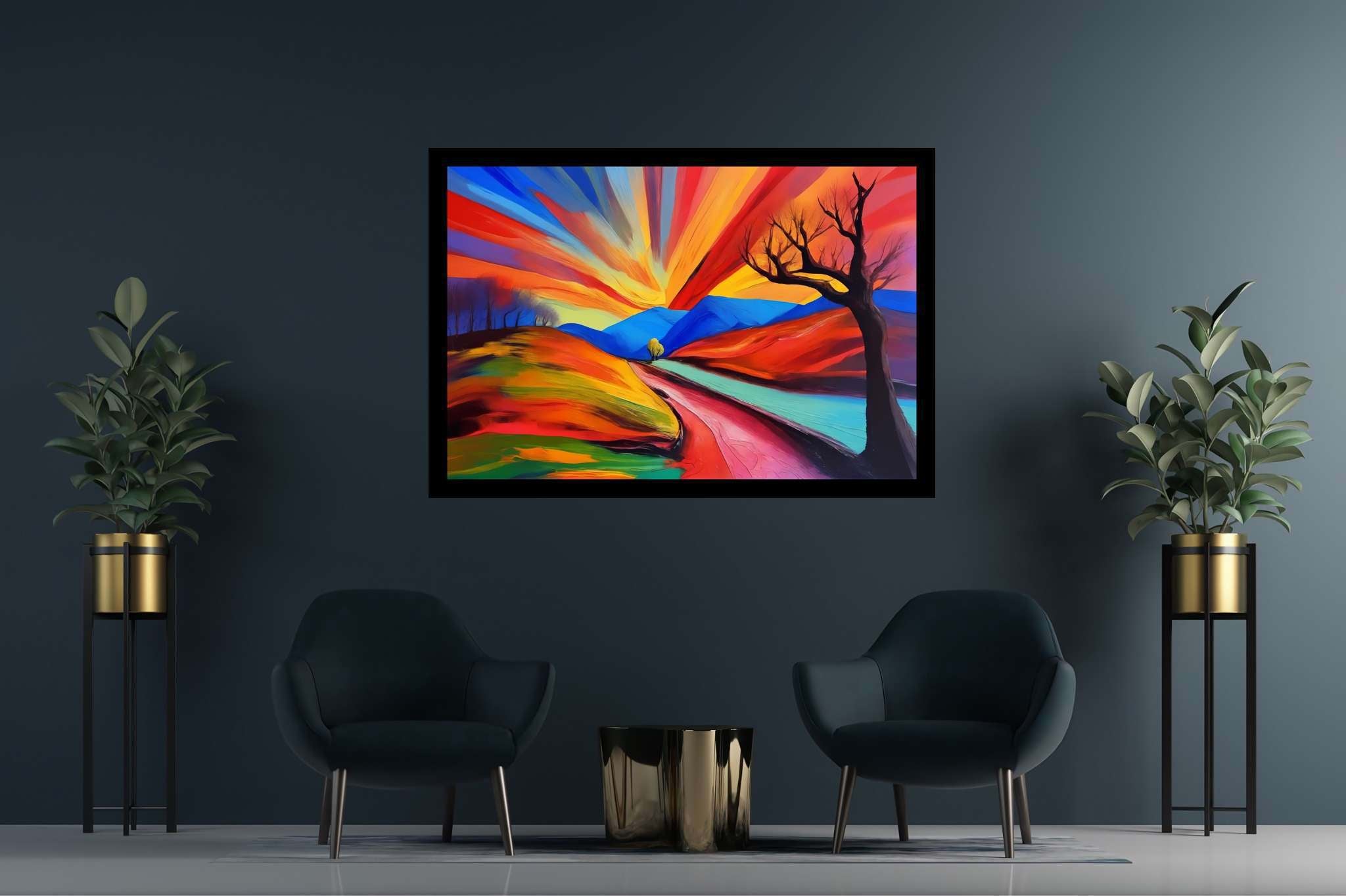 Twilight's embrace: Serene landscape art with peaceful scenery, in a room with modern style, mural artworks, and stylish accessories. The art can be printed on poster, framed poster, canvas, metal, acrylic or wood, exclusively at WallArtZen. Find this exact print at https://wallartzen.com/waz269