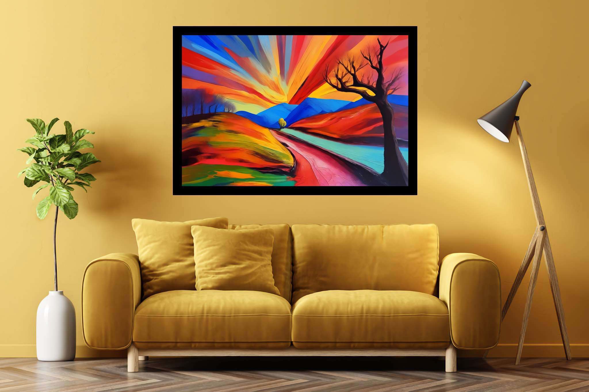 Twilight's embrace: Serene landscape art with serene landscape photography, in a room with elegant layout, gallery-quality artwork, and designer furniture. The art can be printed on poster, framed poster, canvas, metal, acrylic or wood, exclusively at WallArtZen. Find this exact print at https://wallartzen.com/waz269