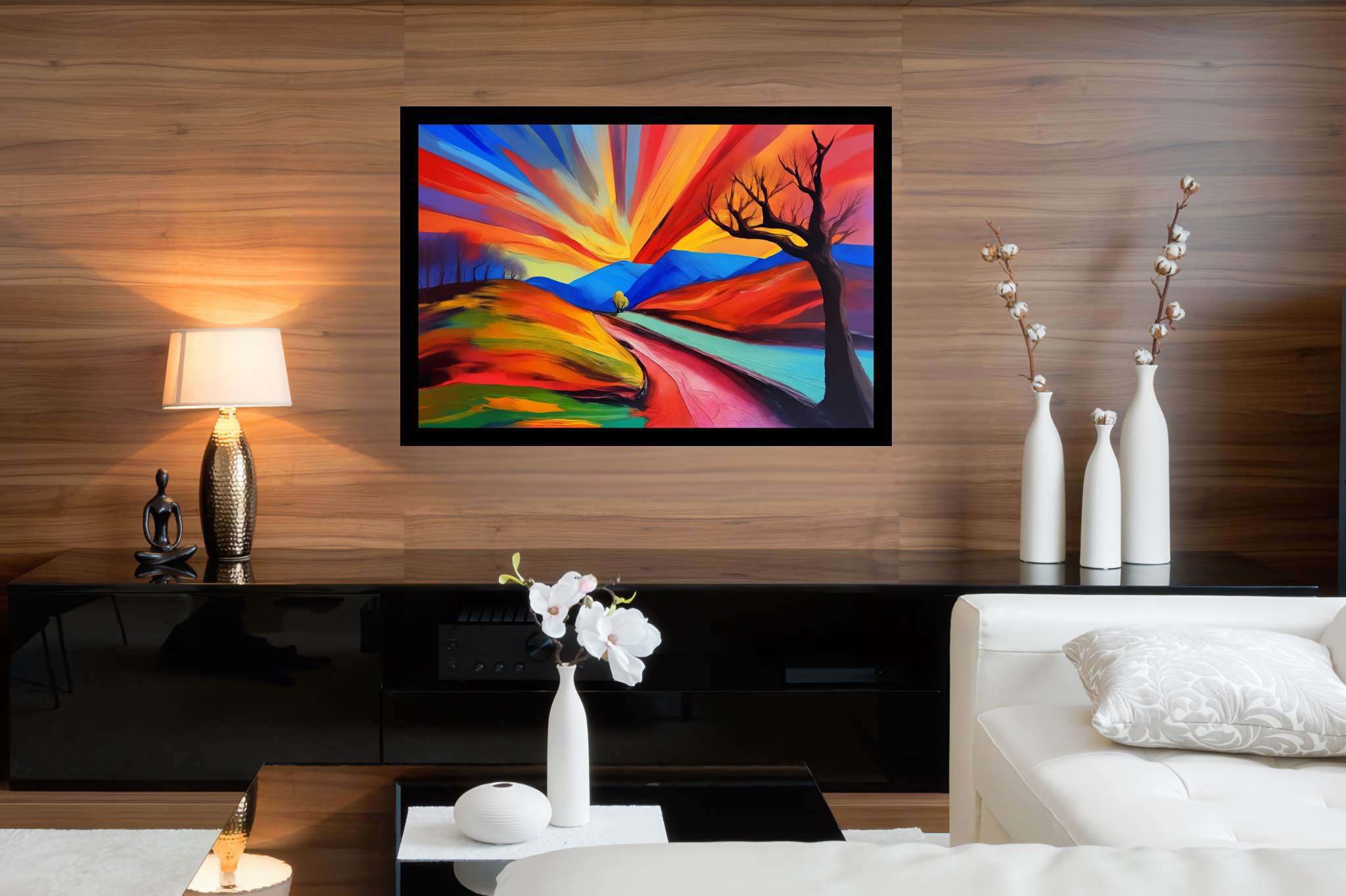 Twilight's embrace: Serene landscape art with calm outdoor scenes, in a room with great design, bespoke art designs, and home furnishings. The art can be printed on poster, framed poster, canvas, metal, acrylic or wood, exclusively at WallArtZen. Find this exact print at https://wallartzen.com/waz269