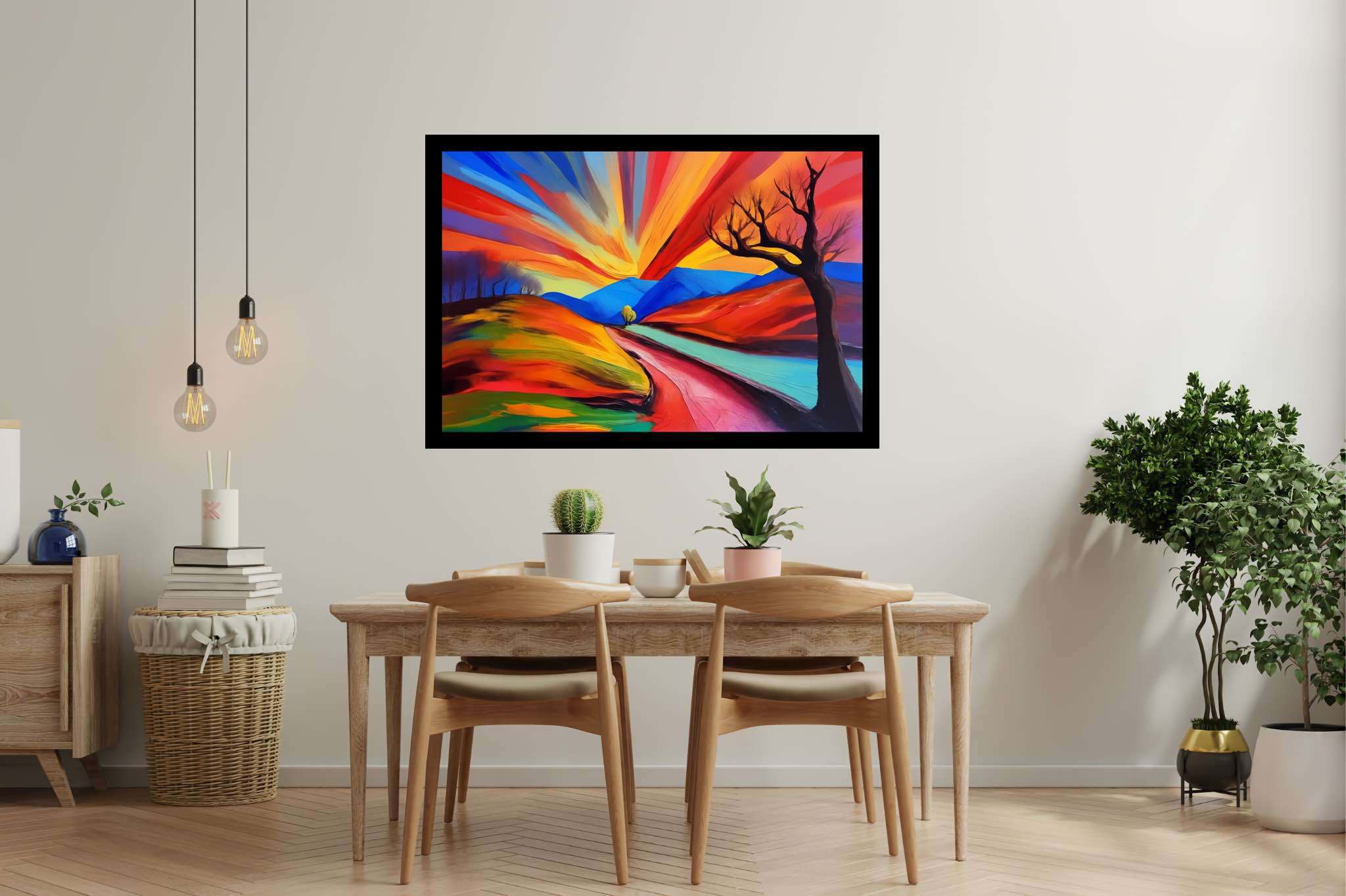 Twilight's embrace: Serene landscape art with serene landscape photography, in a room with minimalist approach, fine art prints, and stylish accessories. The art can be printed on poster, framed poster, canvas, metal, acrylic or wood, exclusively at WallArtZen. Find this exact print at https://wallartzen.com/waz269