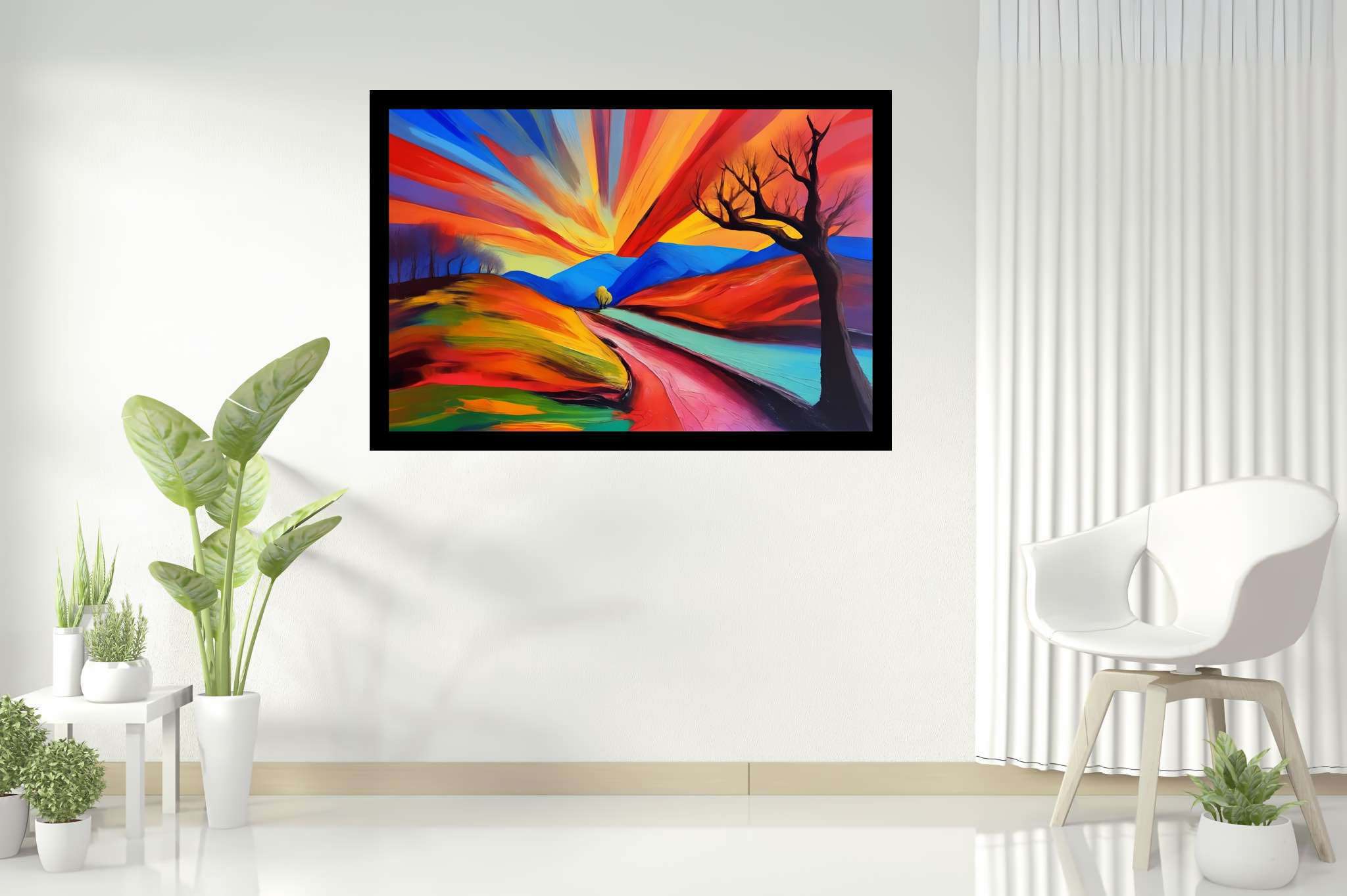 Twilight's embrace: Serene landscape art with serene landscape art, in a room with chic decor, digital art pieces, and stylish accessories. The art can be printed on poster, framed poster, canvas, metal, acrylic or wood, exclusively at WallArtZen. Find this exact print at https://wallartzen.com/waz269