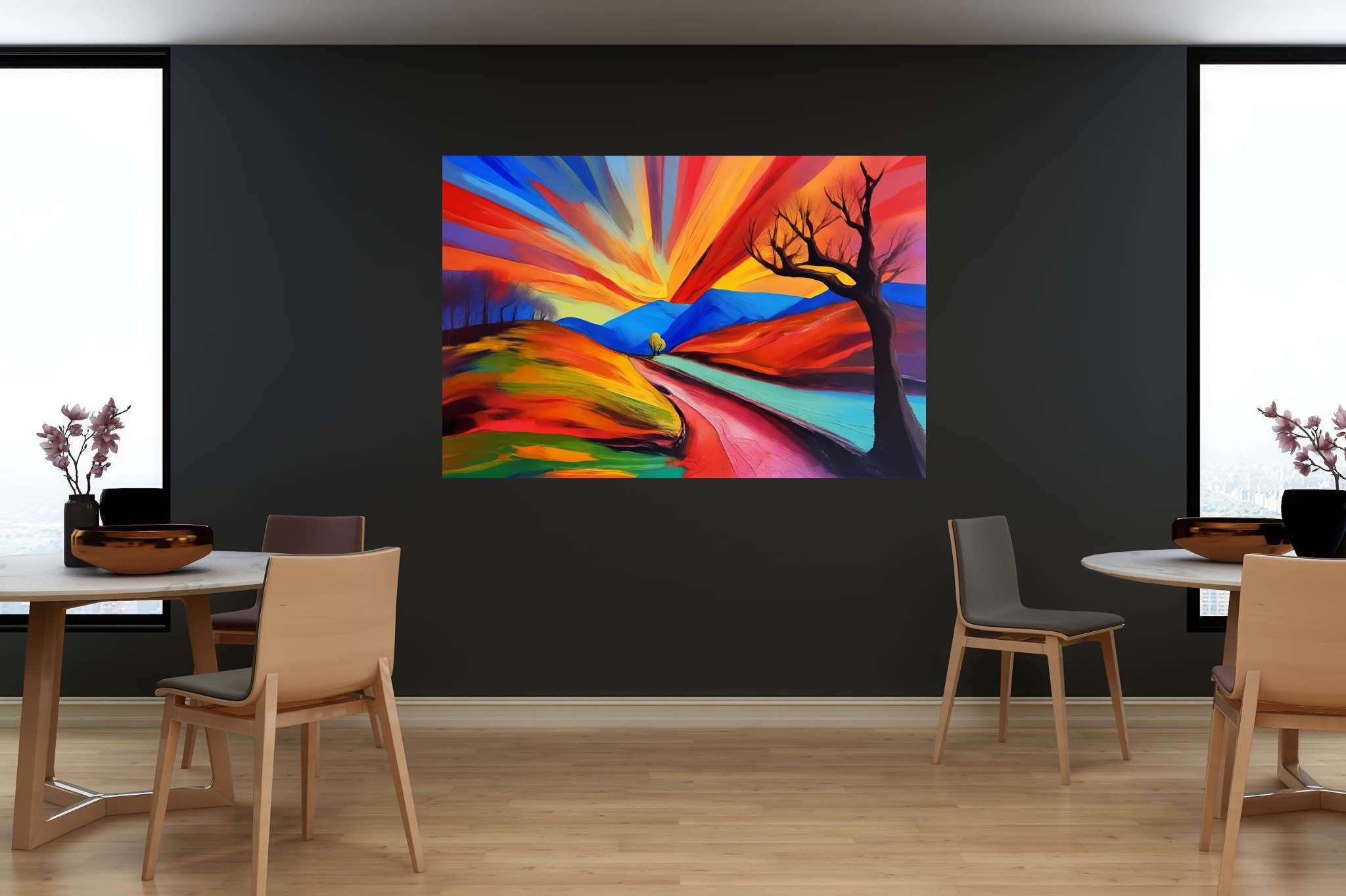 Twilight's embrace: Serene landscape art with serene landscape artwork, in a room with modern style, digital art pieces, and artisan decor. The art can be printed on poster, framed poster, canvas, metal, acrylic or wood, exclusively at WallArtZen. Find this exact print at https://wallartzen.com/waz269