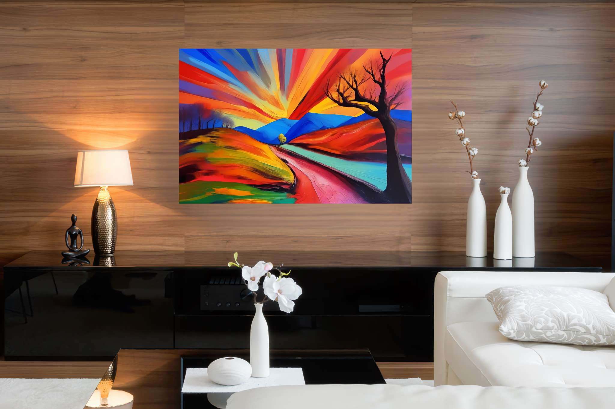 Twilight's embrace: Serene landscape art with calm outdoor scenes, in a room with modern style, canvas prints, and luxe decor. The art can be printed on poster, framed poster, canvas, metal, acrylic or wood, exclusively at WallArtZen. Find this exact print at https://wallartzen.com/waz269