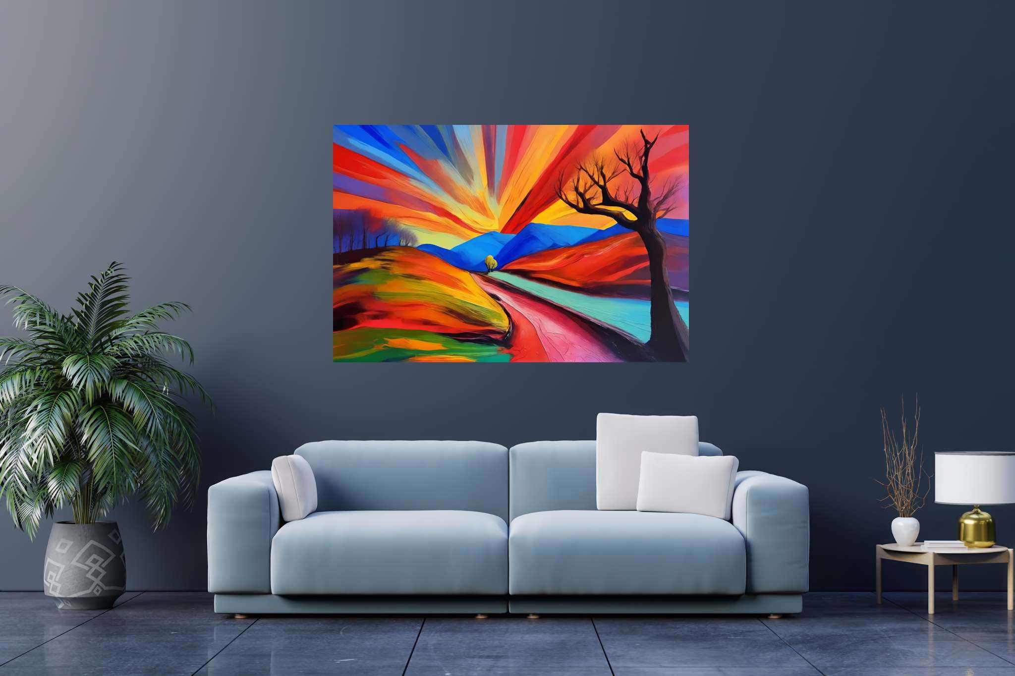 Twilight's embrace: Serene landscape art with serene landscape prints, in a room with elegant layout, bespoke art designs, and artisan decor. The art can be printed on poster, framed poster, canvas, metal, acrylic or wood, exclusively at WallArtZen. Find this exact print at https://wallartzen.com/waz269