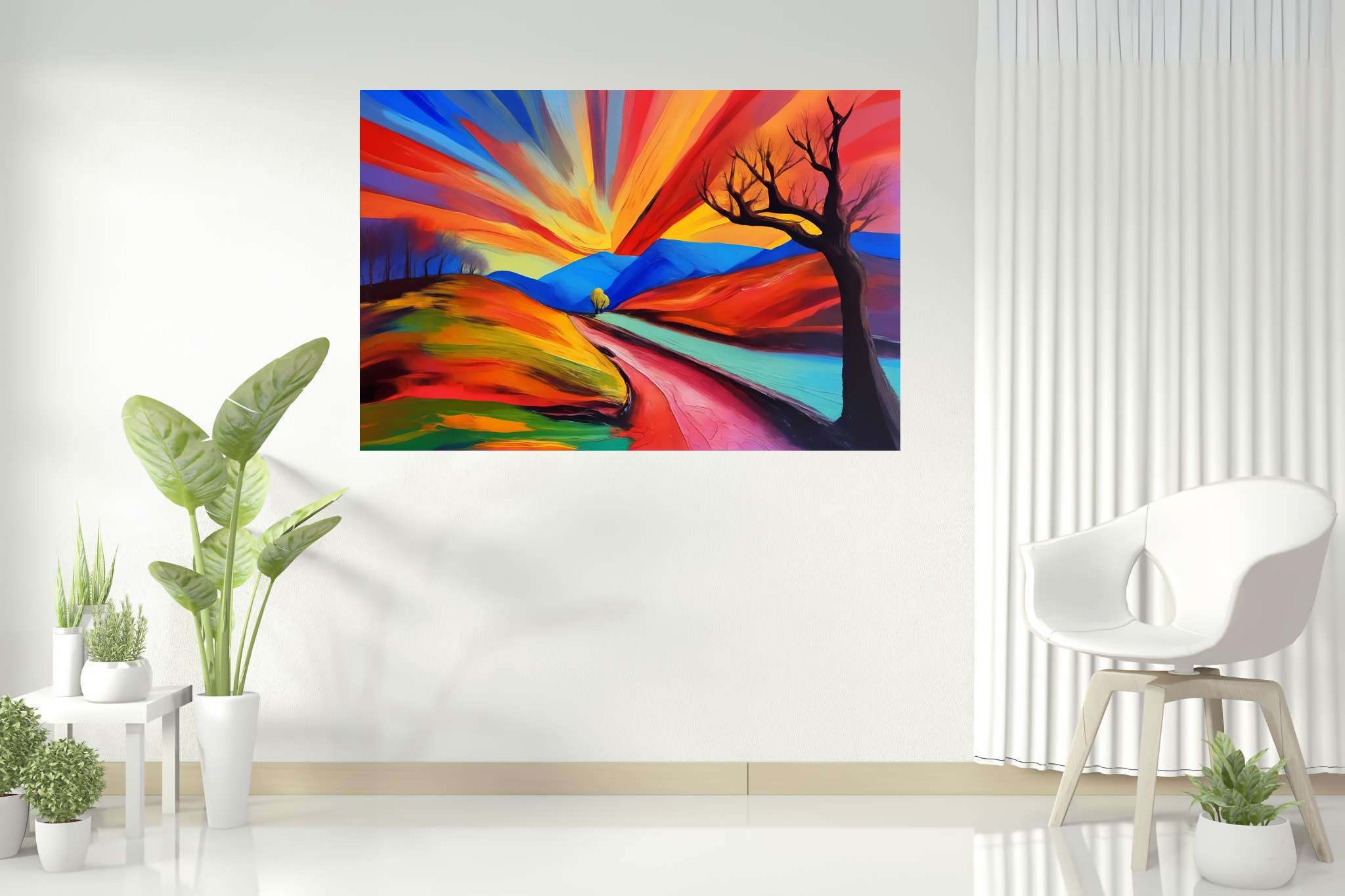 Twilight's embrace: Serene landscape art with serene landscape art, in a room with contemporary flair, fine art prints, and trendy home accents. The art can be printed on poster, framed poster, canvas, metal, acrylic or wood, exclusively at WallArtZen. Find this exact print at https://wallartzen.com/waz269