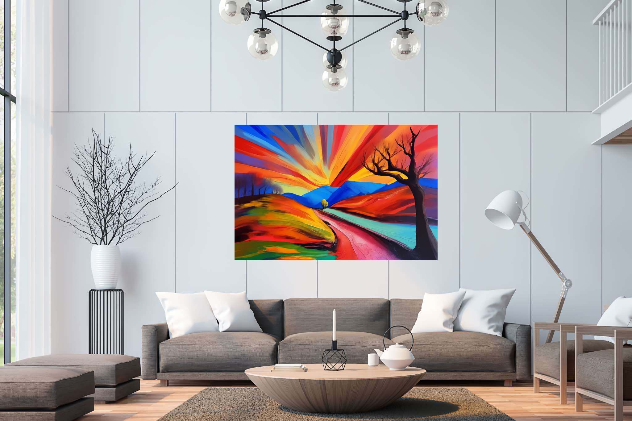 Twilight's embrace: Serene landscape art with soothing landscape art, in a room with contemporary flair, mural artworks, and luxe decor. The art can be printed on poster, framed poster, canvas, metal, acrylic or wood, exclusively at WallArtZen. Find this exact print at https://wallartzen.com/waz269