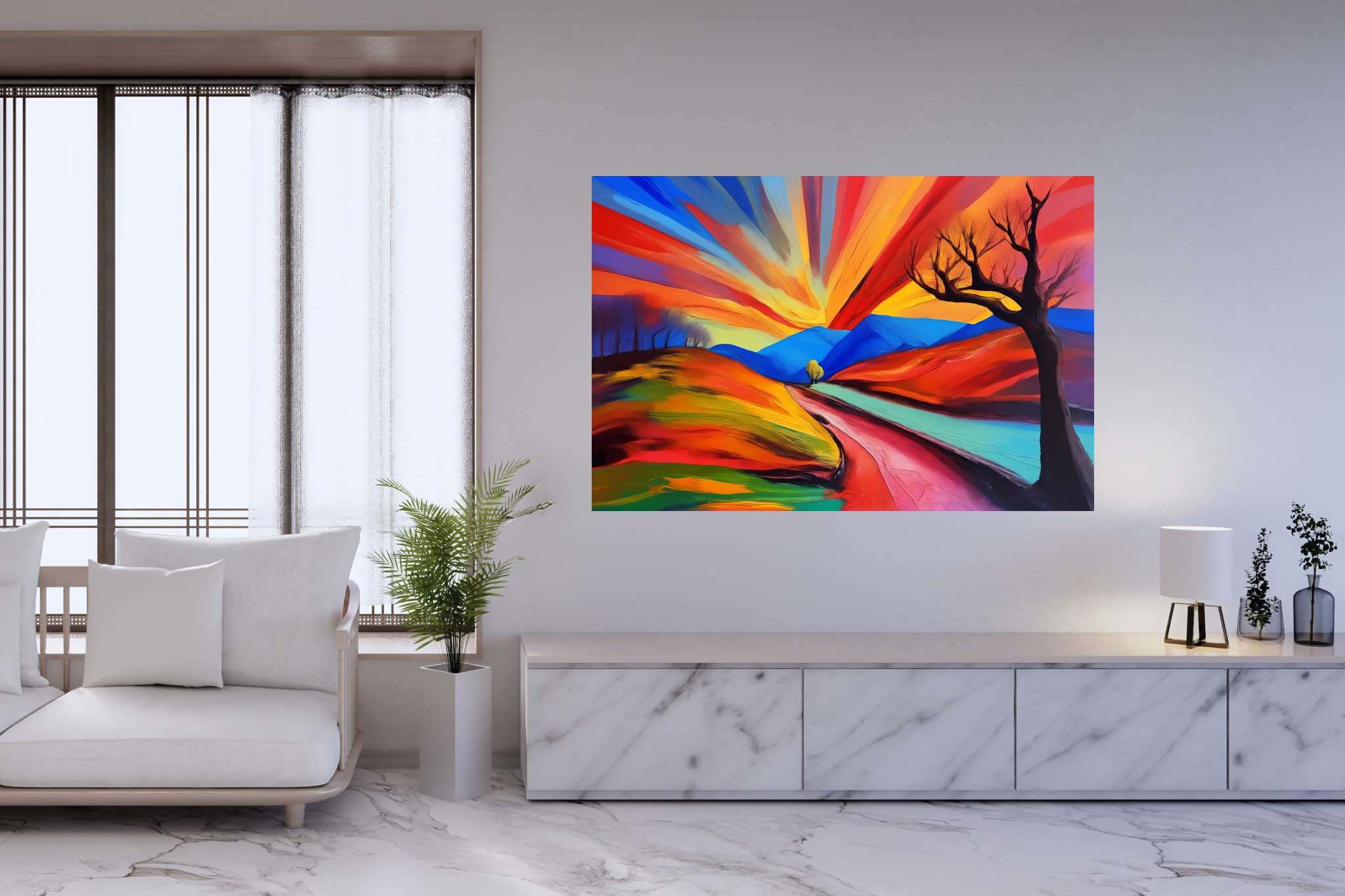Twilight's embrace: Serene landscape art with scenic art, in a room with chic decor, framed art, and artisan decor. The art can be printed on poster, framed poster, canvas, metal, acrylic or wood, exclusively at WallArtZen. Find this exact print at https://wallartzen.com/waz269
