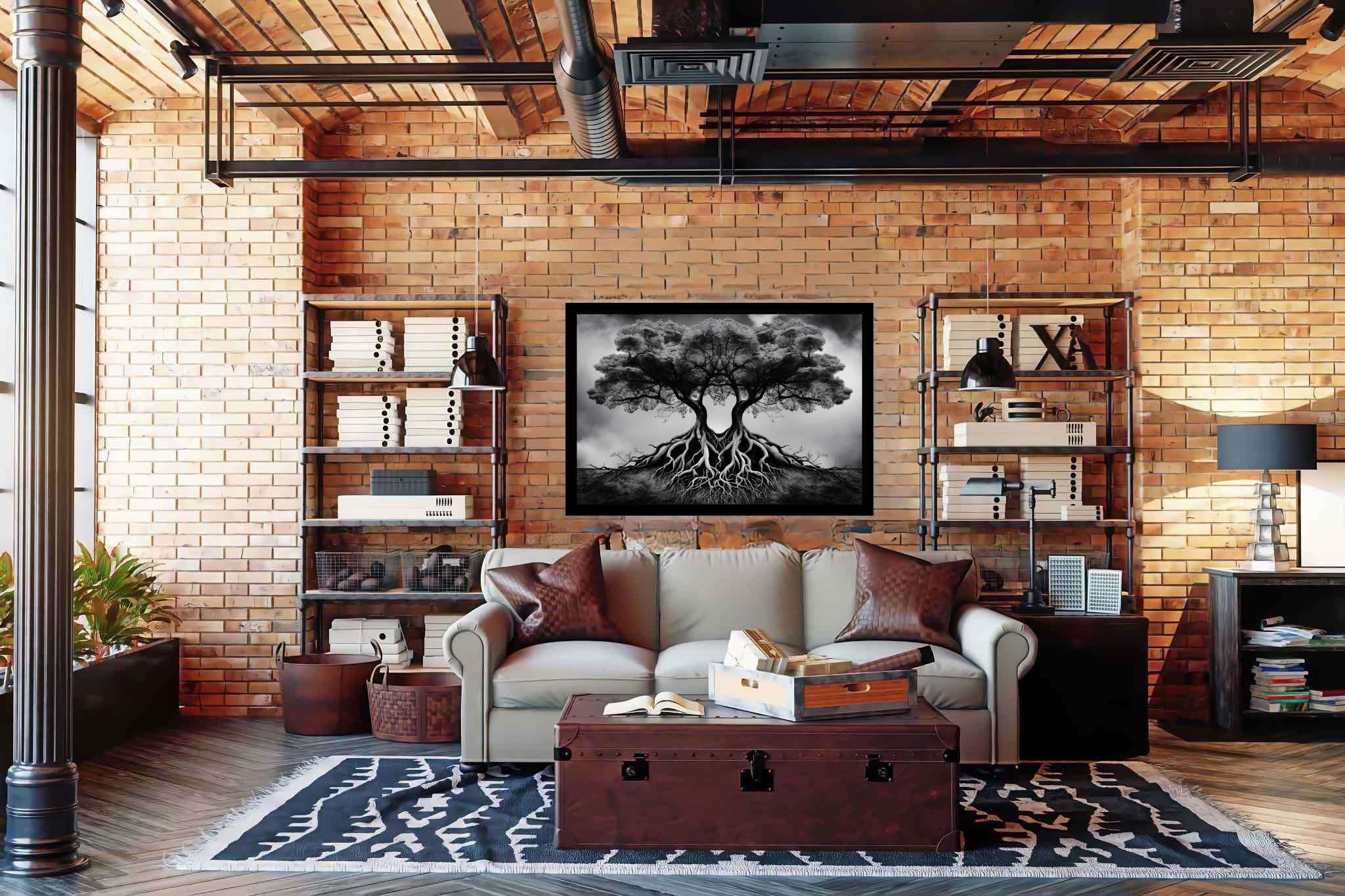 Dreamweave arboretum: Surreal tree art with fantasy tree drawings, in a room with artistic style, wall hangings, and luxe decor. The art can be printed on poster, framed poster, canvas, metal, acrylic or wood, exclusively at WallArtZen. Find this exact print at https://wallartzen.com/waz26