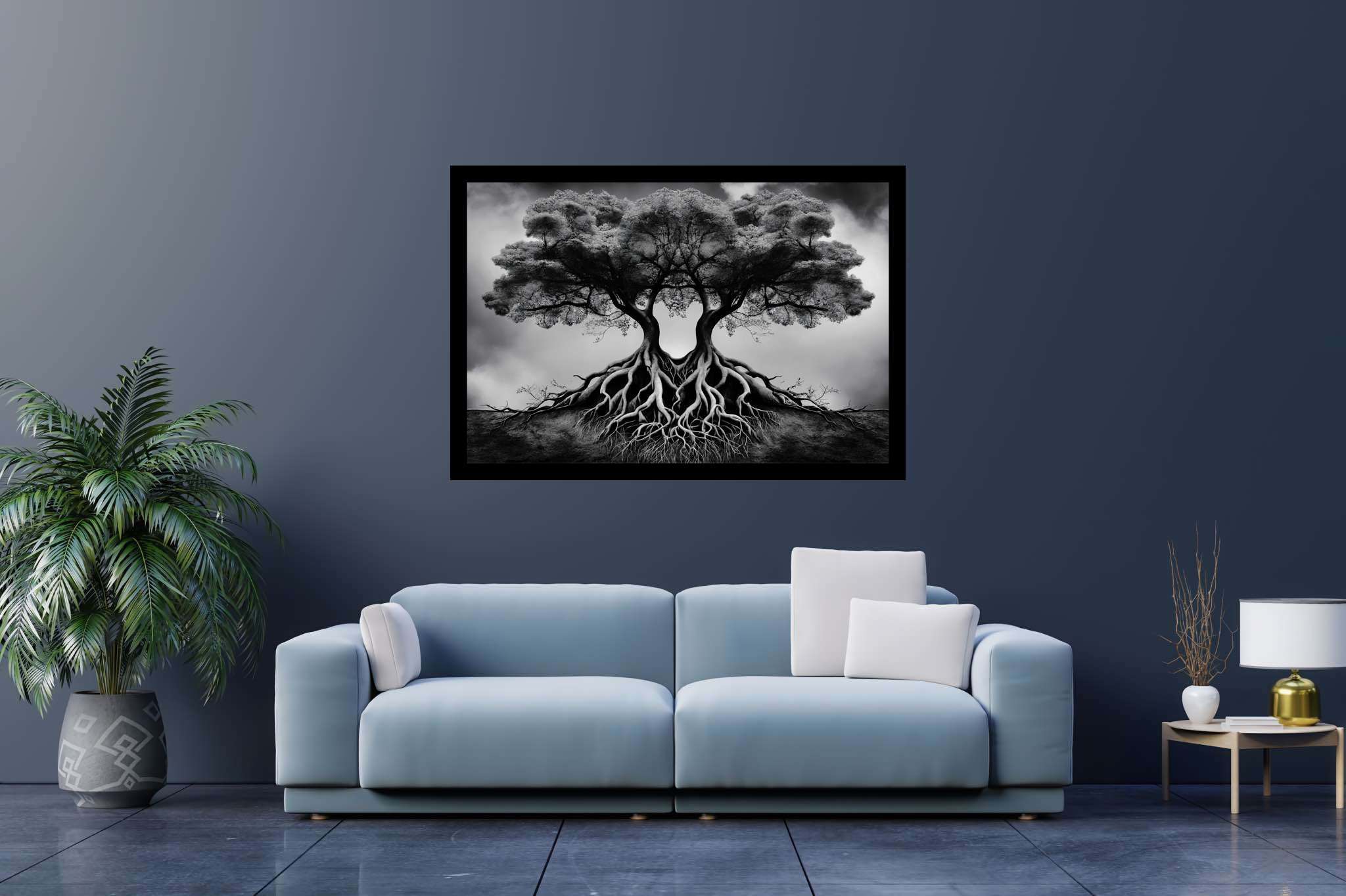 Dreamweave arboretum: Surreal tree art with surrealist woodland art, in a room with minimalist approach, canvas prints, and luxe decor. The art can be printed on poster, framed poster, canvas, metal, acrylic or wood, exclusively at WallArtZen. Find this exact print at https://wallartzen.com/waz26