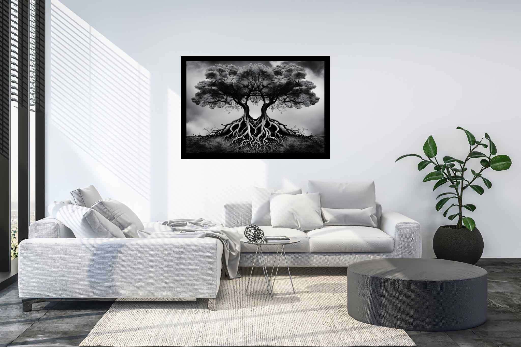Dreamweave arboretum: Surreal tree art with mystical nature scenes, in a room with contemporary flair, photographic wall art, and home furnishings. The art can be printed on poster, framed poster, canvas, metal, acrylic or wood, exclusively at WallArtZen. Find this exact print at https://wallartzen.com/waz26
