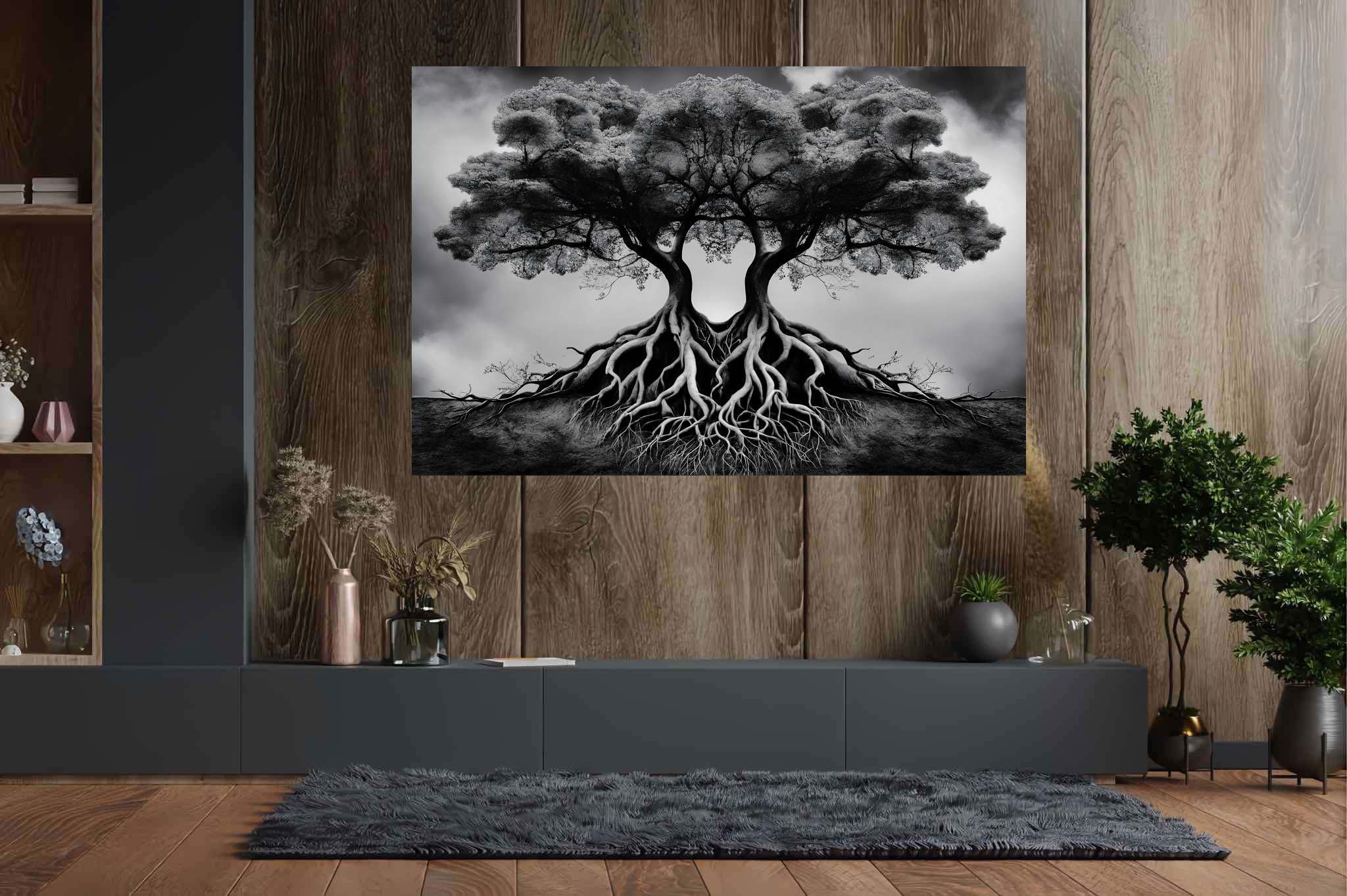 Dreamweave arboretum: Surreal tree art with mystical nature scenes, in a room with contemporary flair, mural artworks, and designer furniture. The art can be printed on poster, framed poster, canvas, metal, acrylic or wood, exclusively at WallArtZen. Find this exact print at https://wallartzen.com/waz26