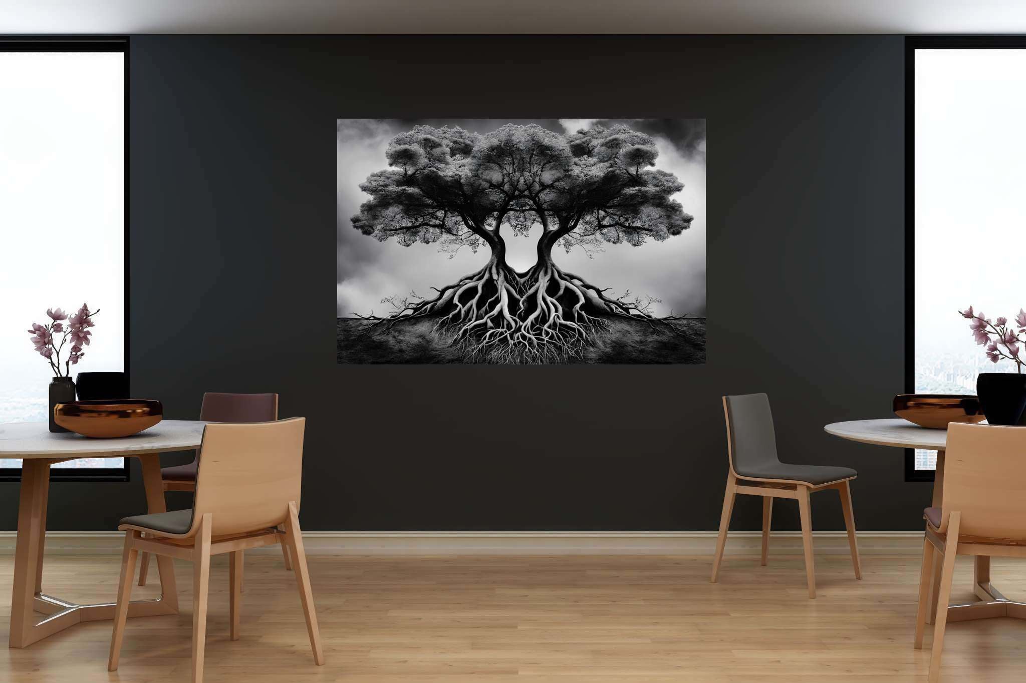 Dreamweave arboretum: Surreal tree art with dreamlike forest paintings, in a room with elegant layout, canvas prints, and designer furniture. The art can be printed on poster, framed poster, canvas, metal, acrylic or wood, exclusively at WallArtZen. Find this exact print at https://wallartzen.com/waz26