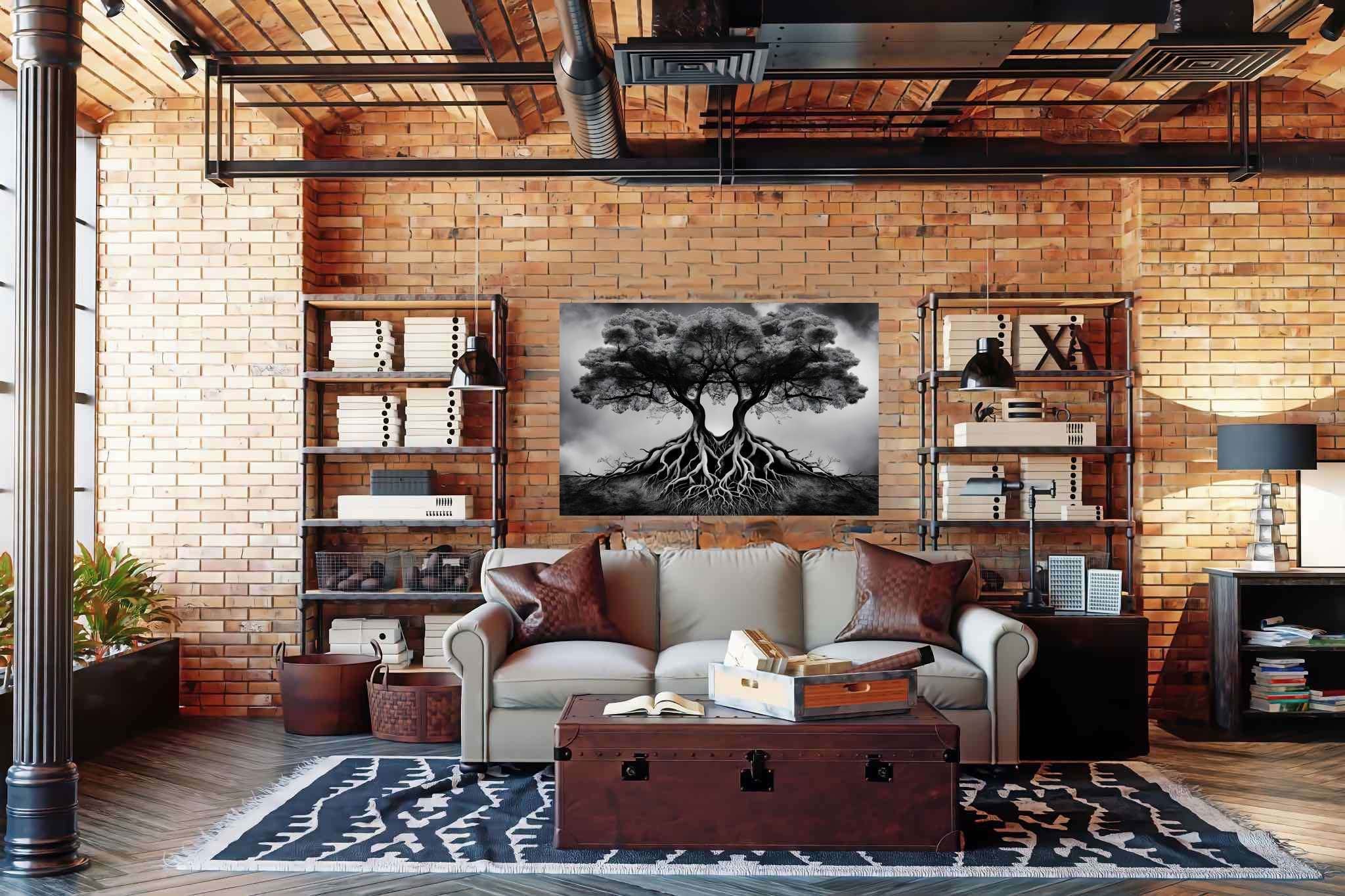 Dreamweave arboretum: Surreal tree art with imaginative tree graphics, in a room with innovative layout, abstract paintings, and decorative pieces. The art can be printed on poster, framed poster, canvas, metal, acrylic or wood, exclusively at WallArtZen. Find this exact print at https://wallartzen.com/waz26