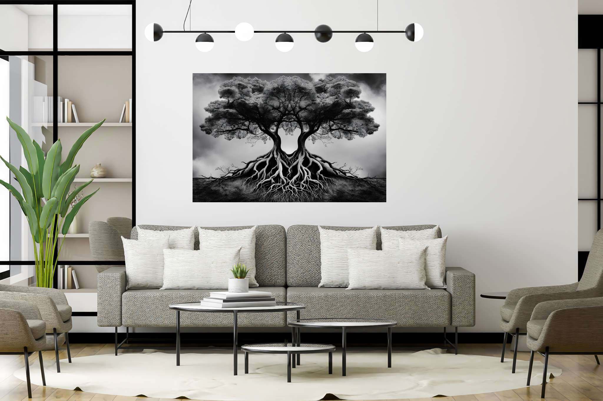 Dreamweave arboretum: Surreal tree art with surreal tree art, in a room with great design, wall hangings, and interior decorations. The art can be printed on poster, framed poster, canvas, metal, acrylic or wood, exclusively at WallArtZen. Find this exact print at https://wallartzen.com/waz26