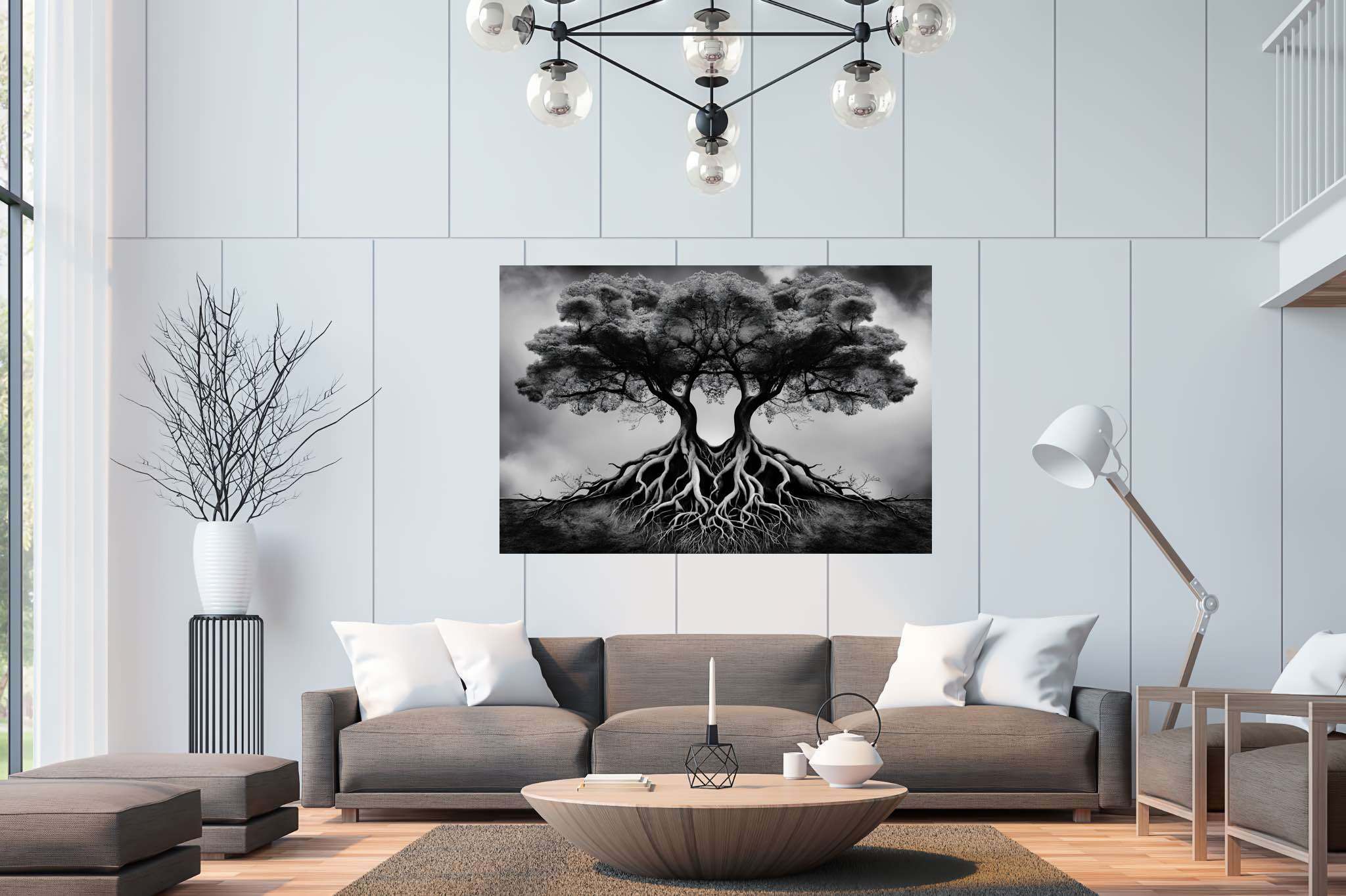 Dreamweave arboretum: Surreal tree art with otherworldly tree designs, in a room with modern style, digital art pieces, and designer furniture. The art can be printed on poster, framed poster, canvas, metal, acrylic or wood, exclusively at WallArtZen. Find this exact print at https://wallartzen.com/waz26