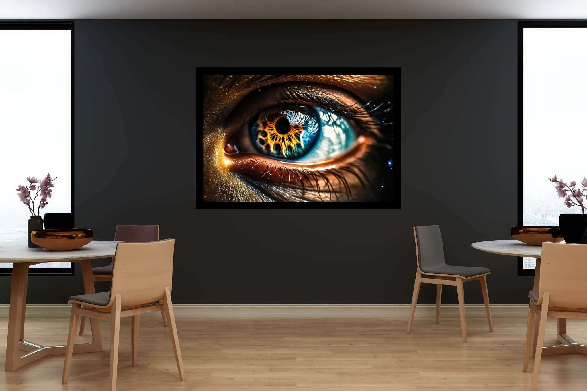 Sight's electric symphony: Dramatic eye art with striking visuals, in a room with great design, photographic wall art, and luxe decor. The art can be printed on poster, framed poster, canvas, metal, acrylic or wood, exclusively at WallArtZen. Find this exact print at https://wallartzen.com/waz270