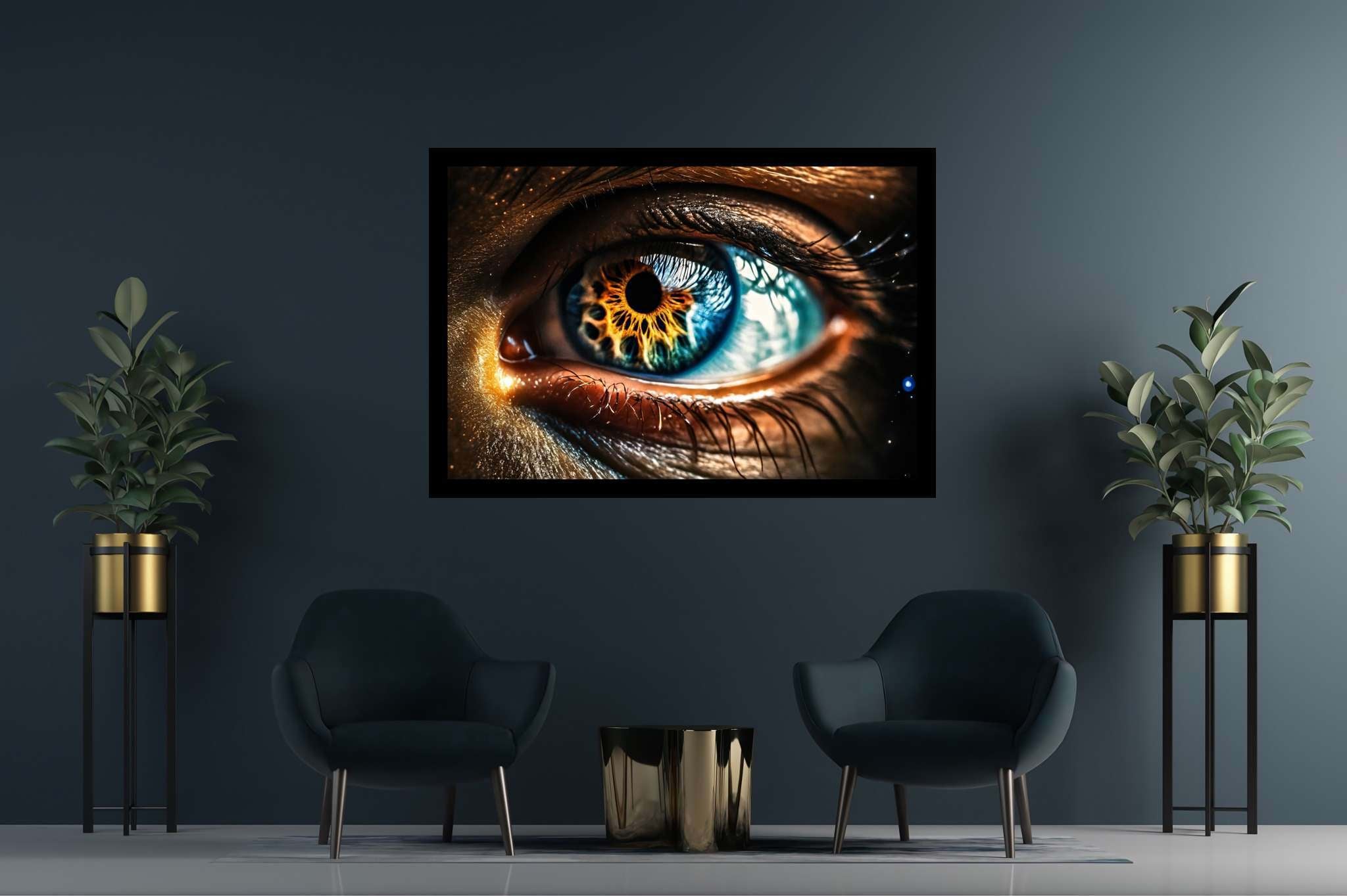 Sight's electric symphony: Dramatic eye art with dramatic eye art, in a room with chic decor, wall hangings, and elegant home goods. The art can be printed on poster, framed poster, canvas, metal, acrylic or wood, exclusively at WallArtZen. Find this exact print at https://wallartzen.com/waz270