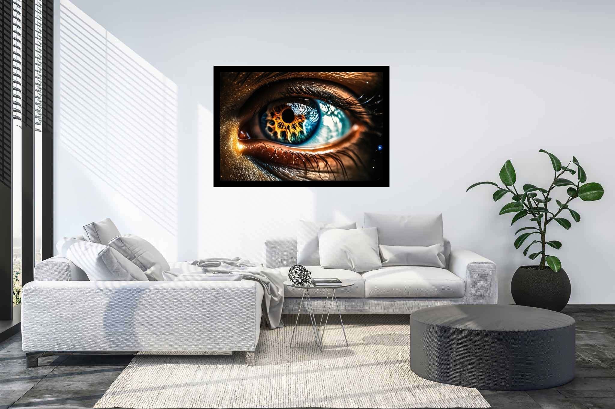 Sight's electric symphony: Dramatic eye art with intense artwork, in a room with elegant layout, wall hangings, and elegant home goods. The art can be printed on poster, framed poster, canvas, metal, acrylic or wood, exclusively at WallArtZen. Find this exact print at https://wallartzen.com/waz270