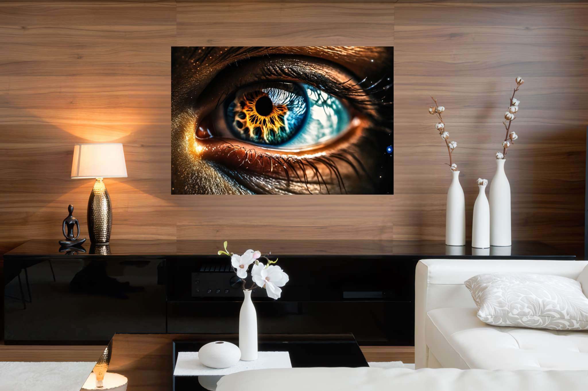 Sight's electric symphony: Dramatic eye art with intense artwork, in a room with elegant layout, wall art, and artisan decor. The art can be printed on poster, framed poster, canvas, metal, acrylic or wood, exclusively at WallArtZen. Find this exact print at https://wallartzen.com/waz270